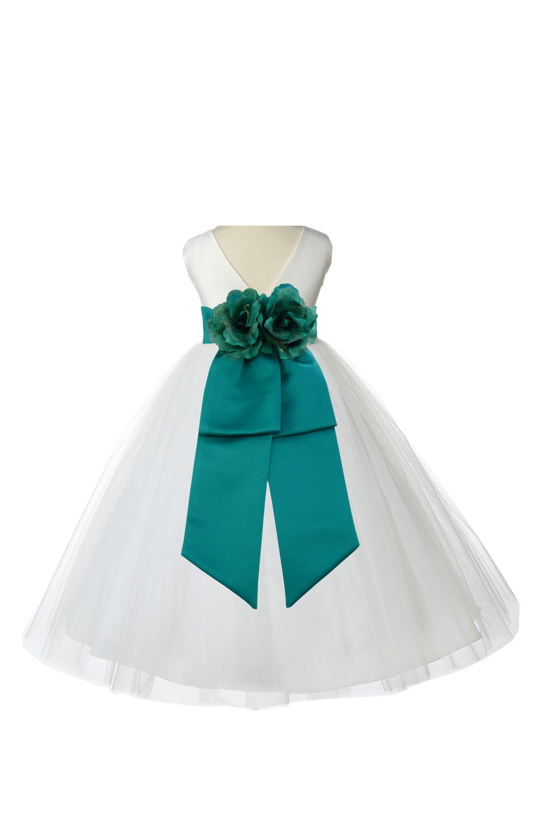 V-Neck Tulle Ivory/Jade Flower Girl Dress Wedding Pageant 108