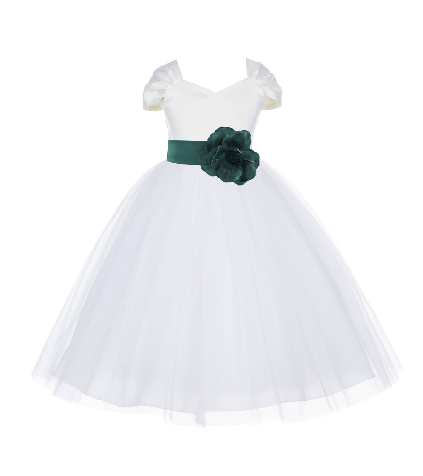 Ivory/Jade V-shaped Neckline Short Sleeves Tulle Flower Girl Dress 154S