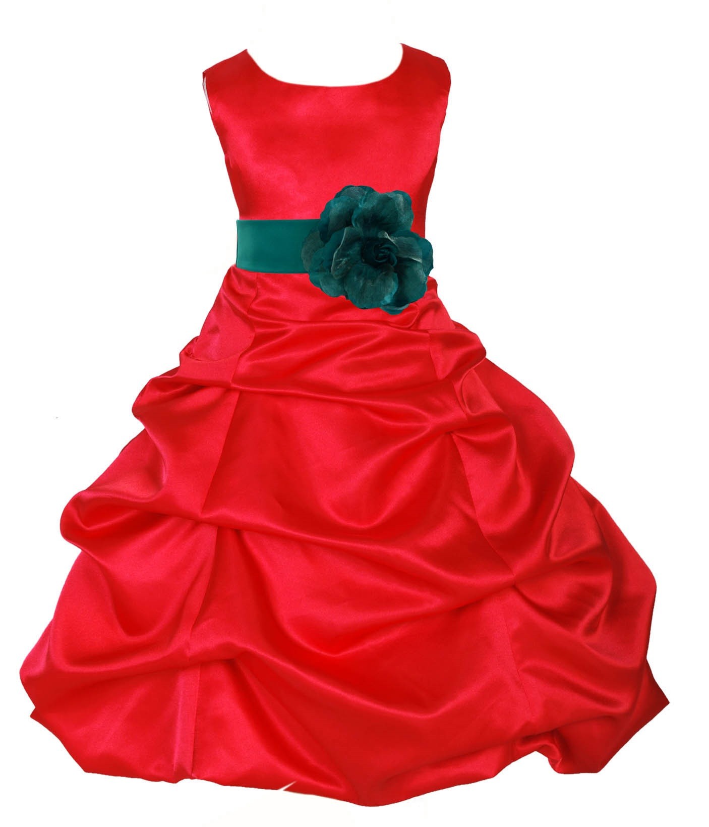 Red/Jade Satin Pick-Up Bubble Flower Girl Dress Christmas 808T