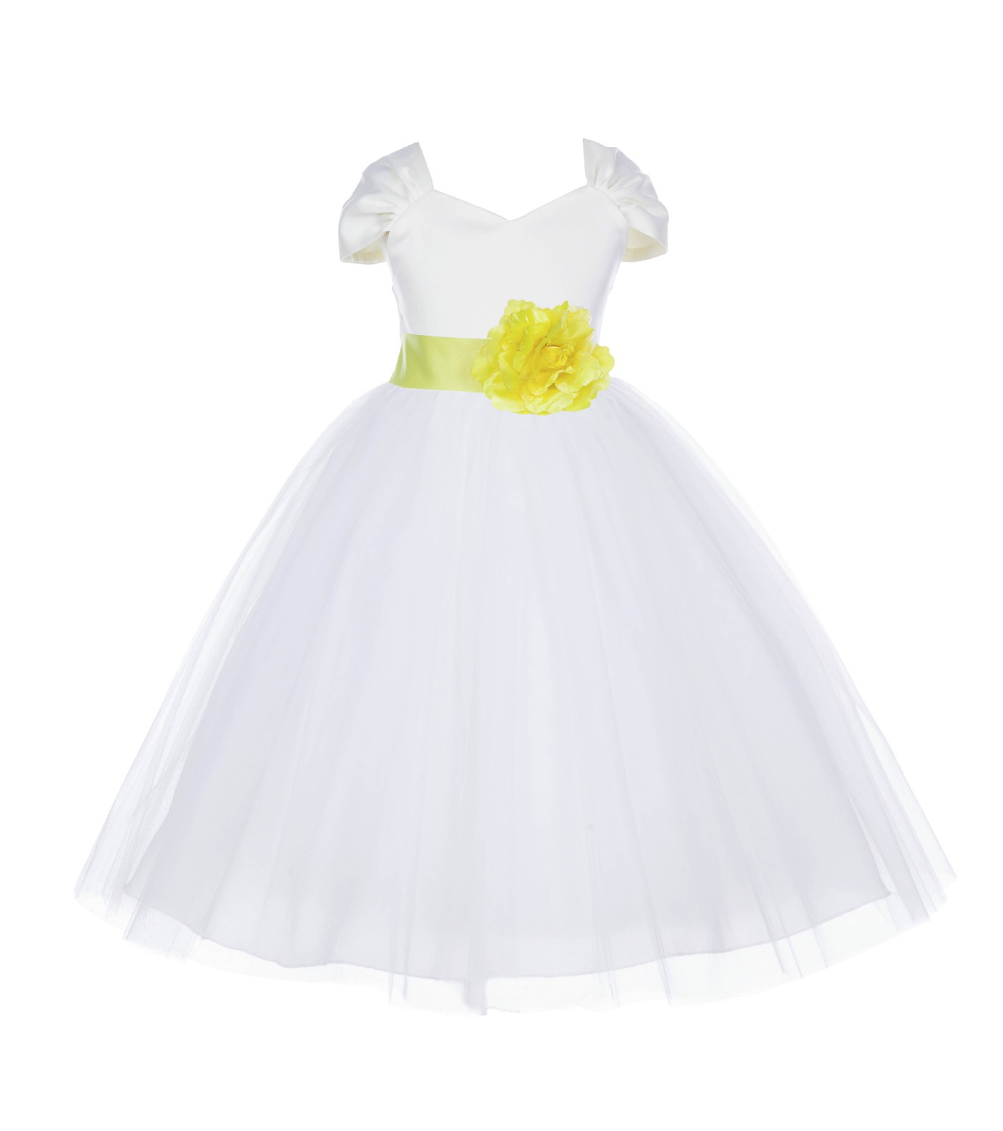 Ivory/Lemon V-shaped Neckline Short Sleeves Tulle Flower Girl Dress 154S