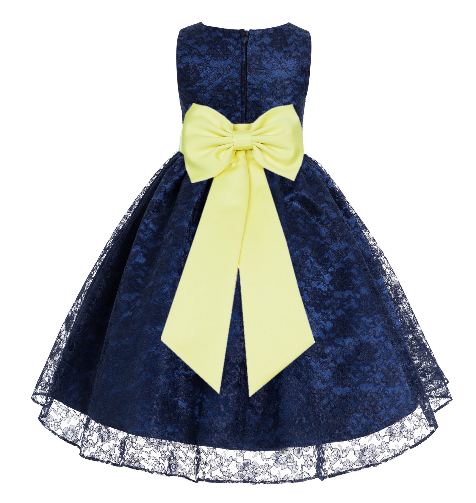 Navy Blue / Lemon Floral Lace Overlay Flower Girl Dress Elegant Beauty 163T