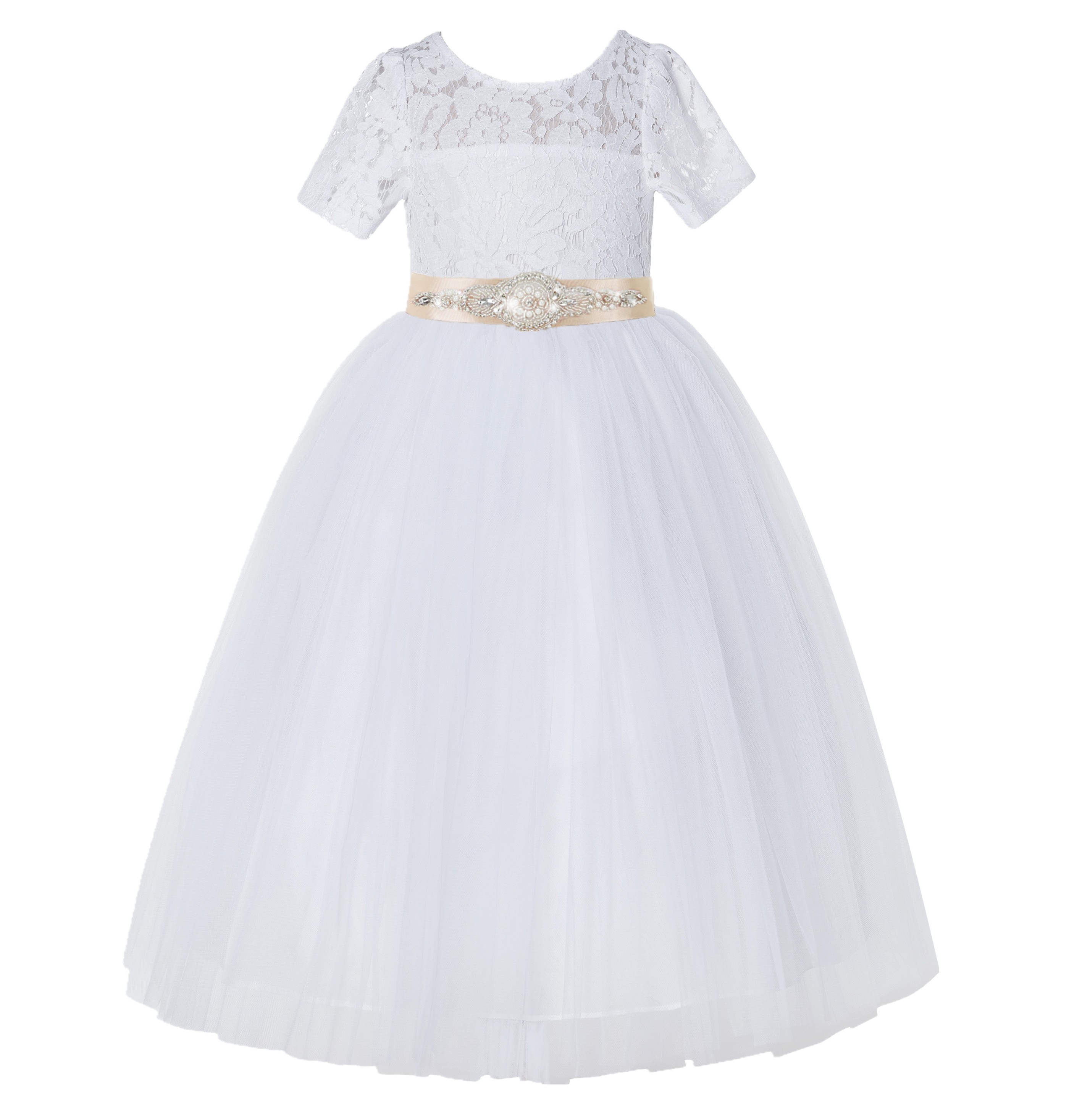 White / Champagne Floral Lace Flower Girl Dress Communion Dress LG2