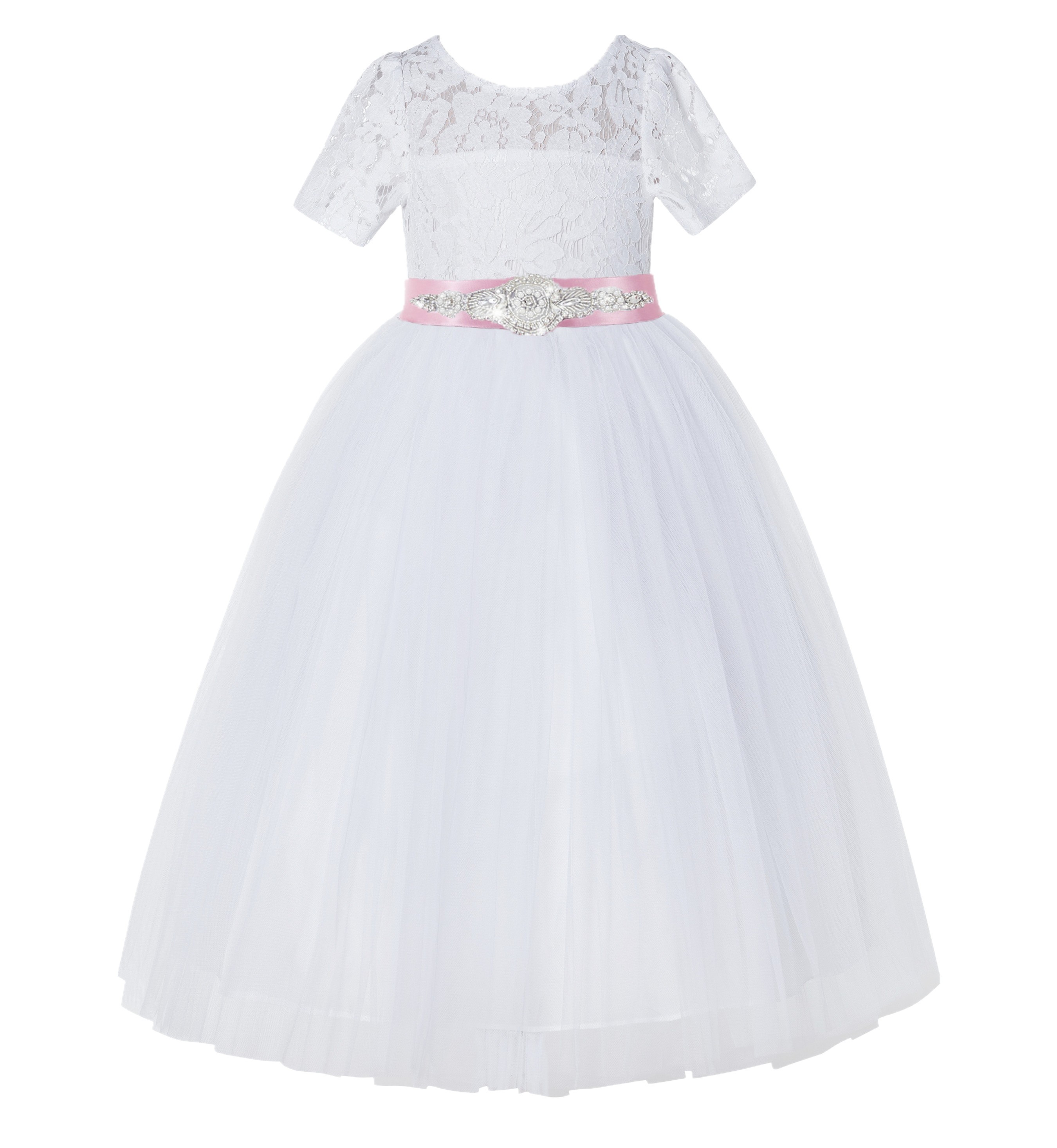 White / Mauve Floral Lace Flower Girl Dress Vintage Dress LG2
