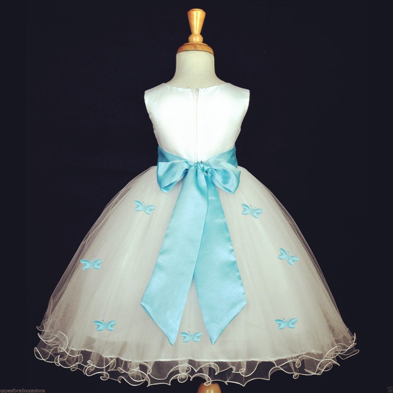 Light Blue Butterflies Tulle Flower Girl Dress Elegant Pageant 509S