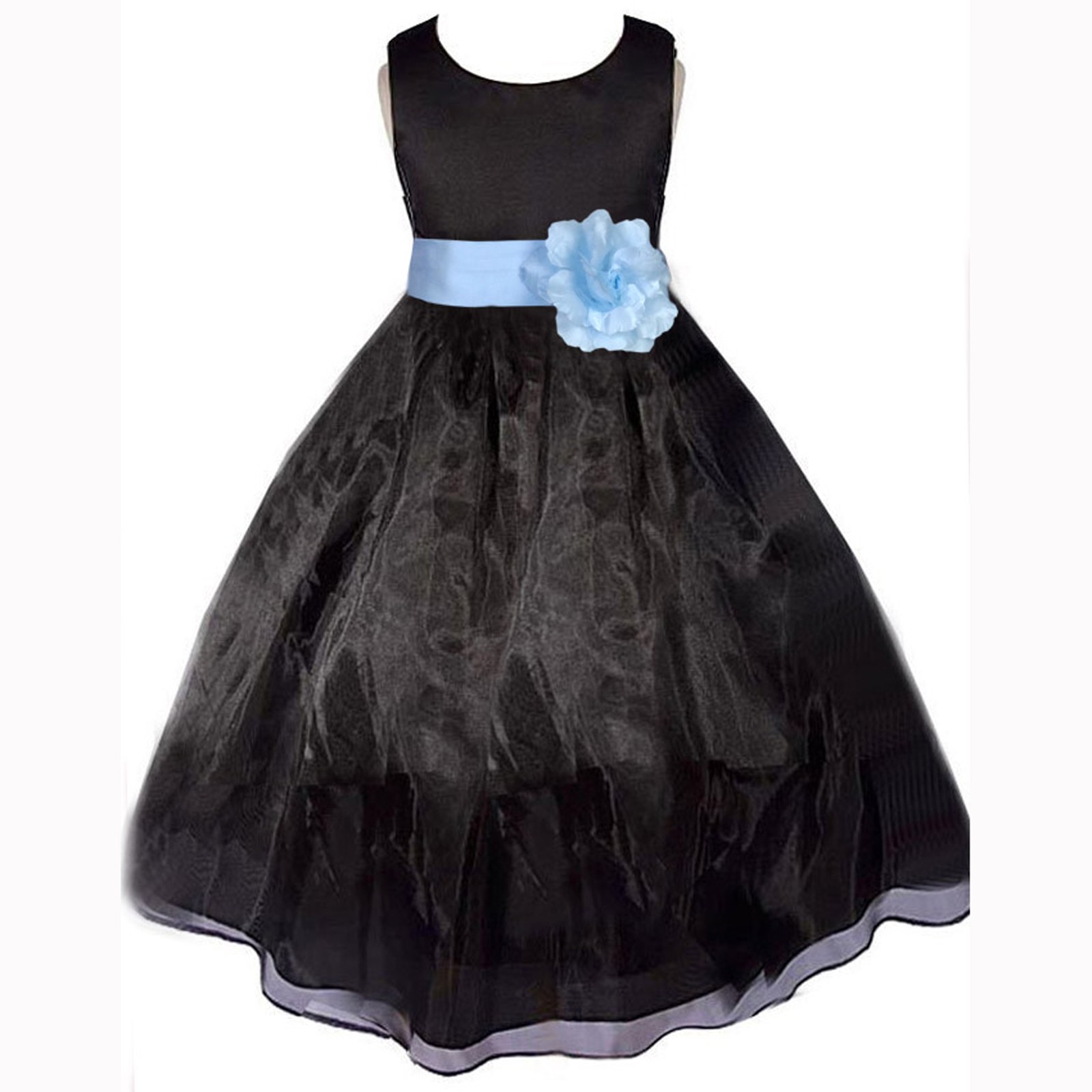 Black/Sky Satin Bodice Organza Skirt Flower Girl Dress 841T