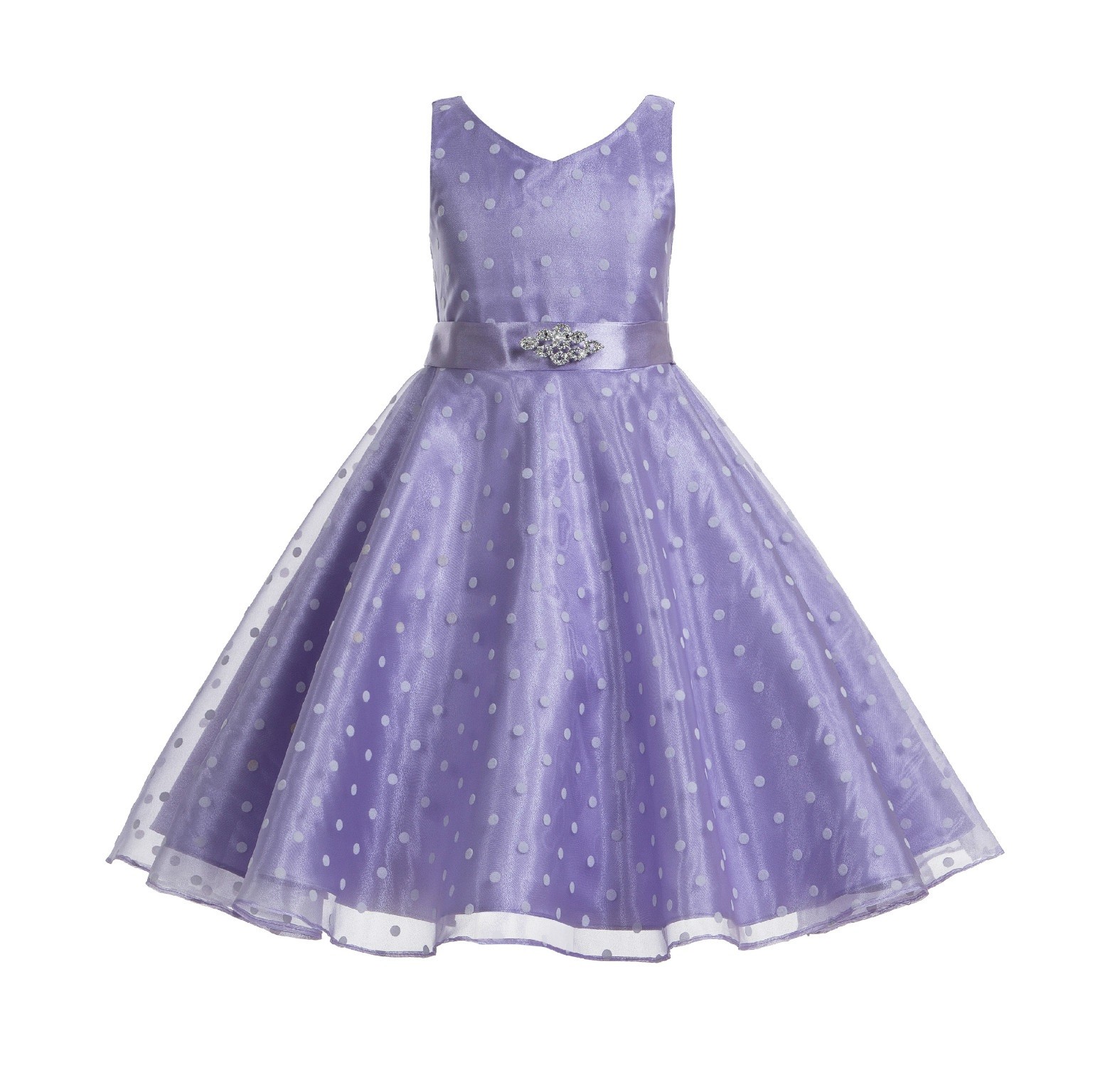 Lilac Organza Polka Dot V-Neck Rhinestone Flower Girl Dress 184