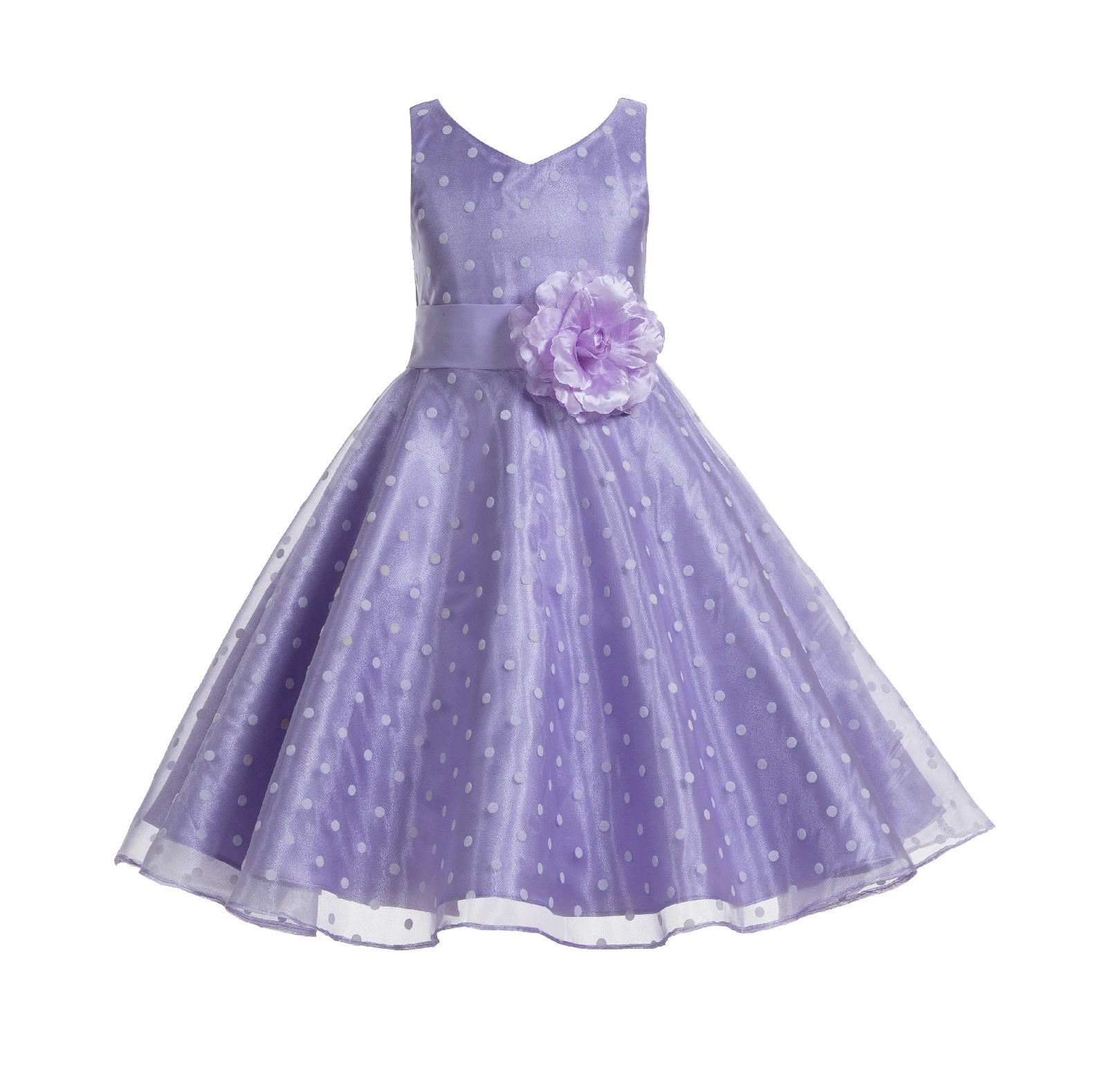 Lilac / Lilac Organza Polka Dot V-Neck Flower Girl Dress 184T