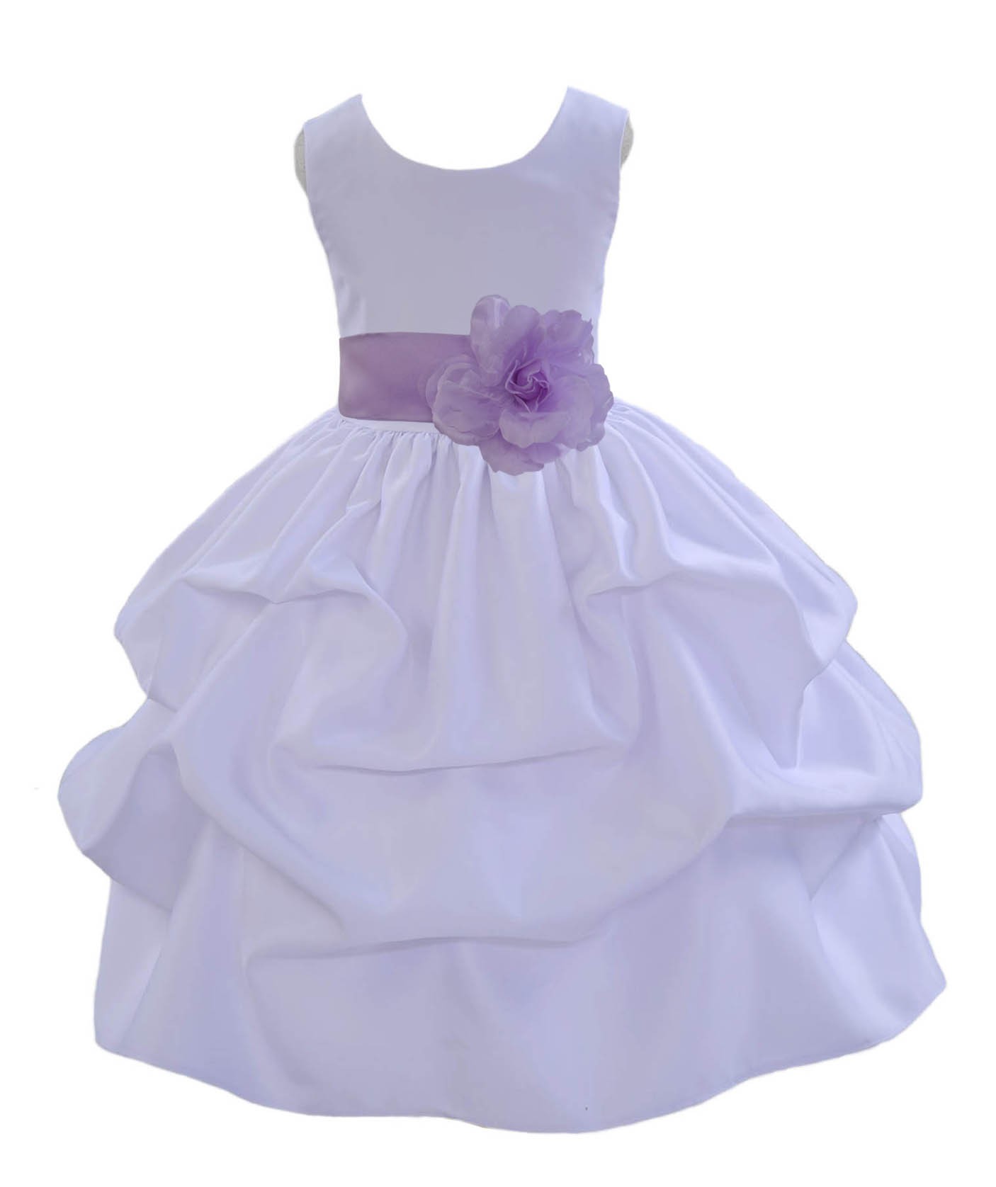 White/Lilac Satin Pick-Up Flower Girl Dress Wedding 208T
