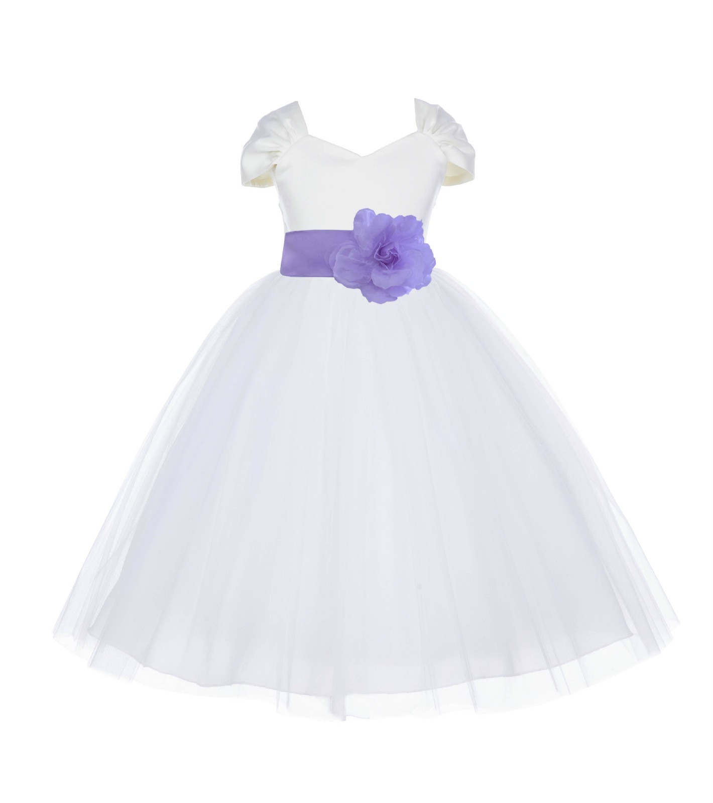 Ivory/Lilac V-shaped Neckline Short Sleeves Tulle Flower Girl Dress 154S