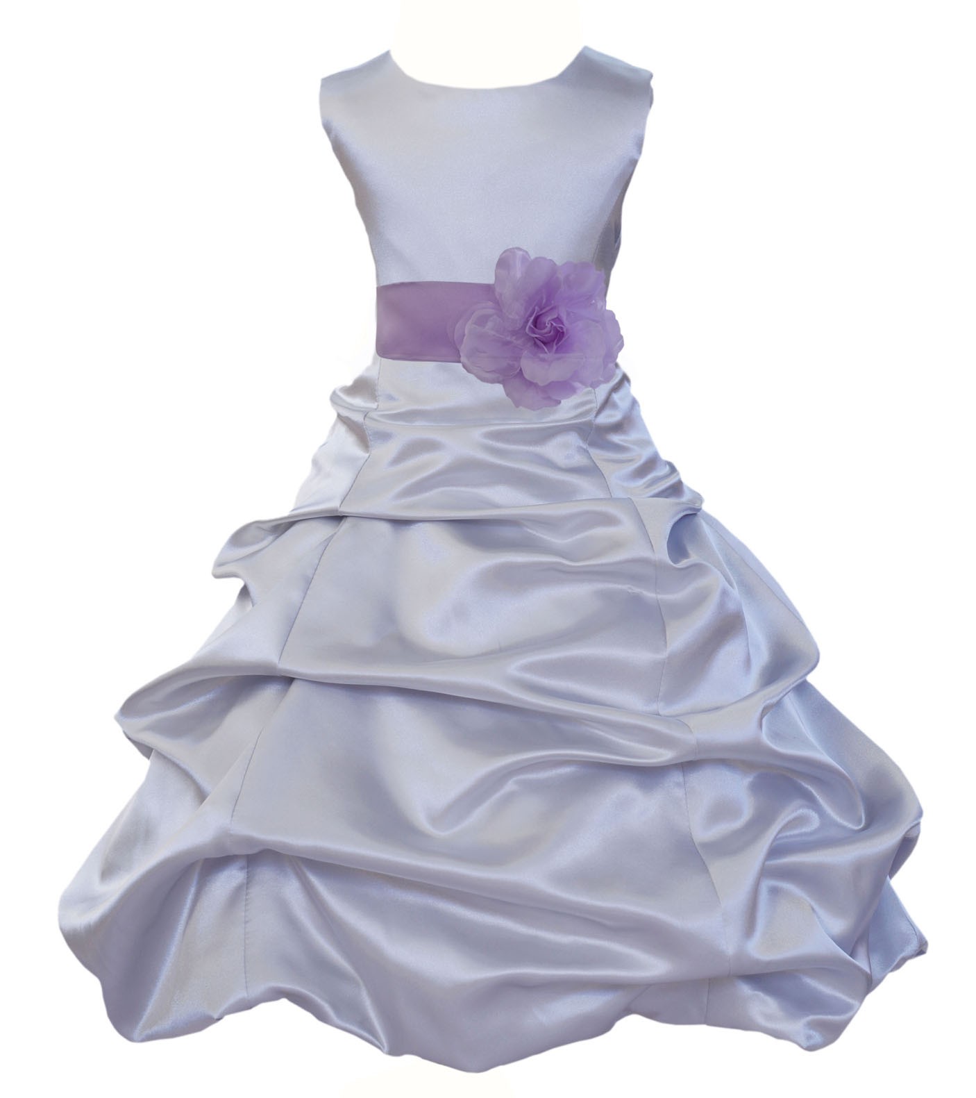 Silver/Lilac Satin Pick-Up Bubble Flower Girl Dress Stylish 808T