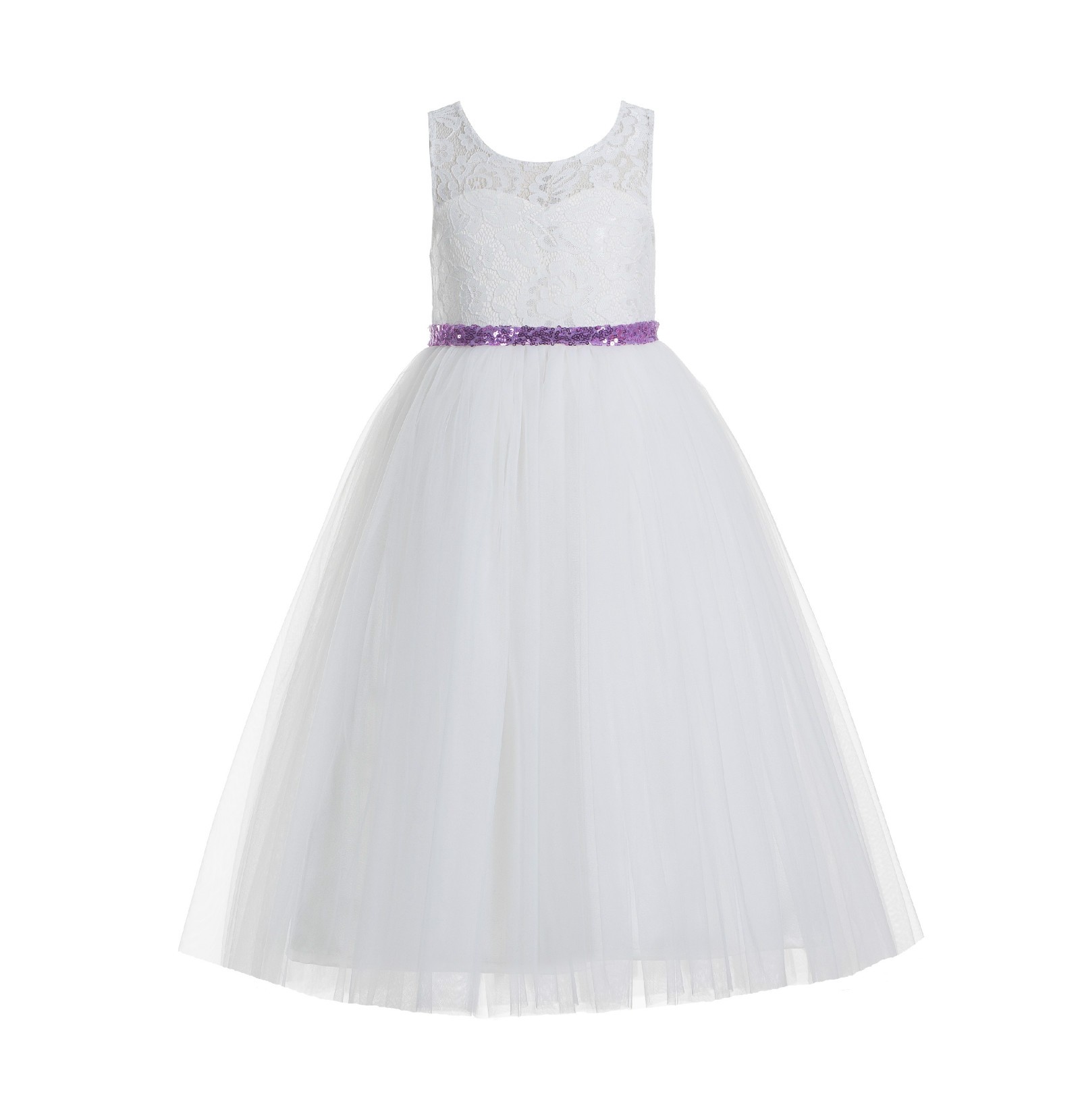 Ivory / Lilac Lace Tulle Scoop Neck Keyhole Back A-line Flower Girl Dress 178