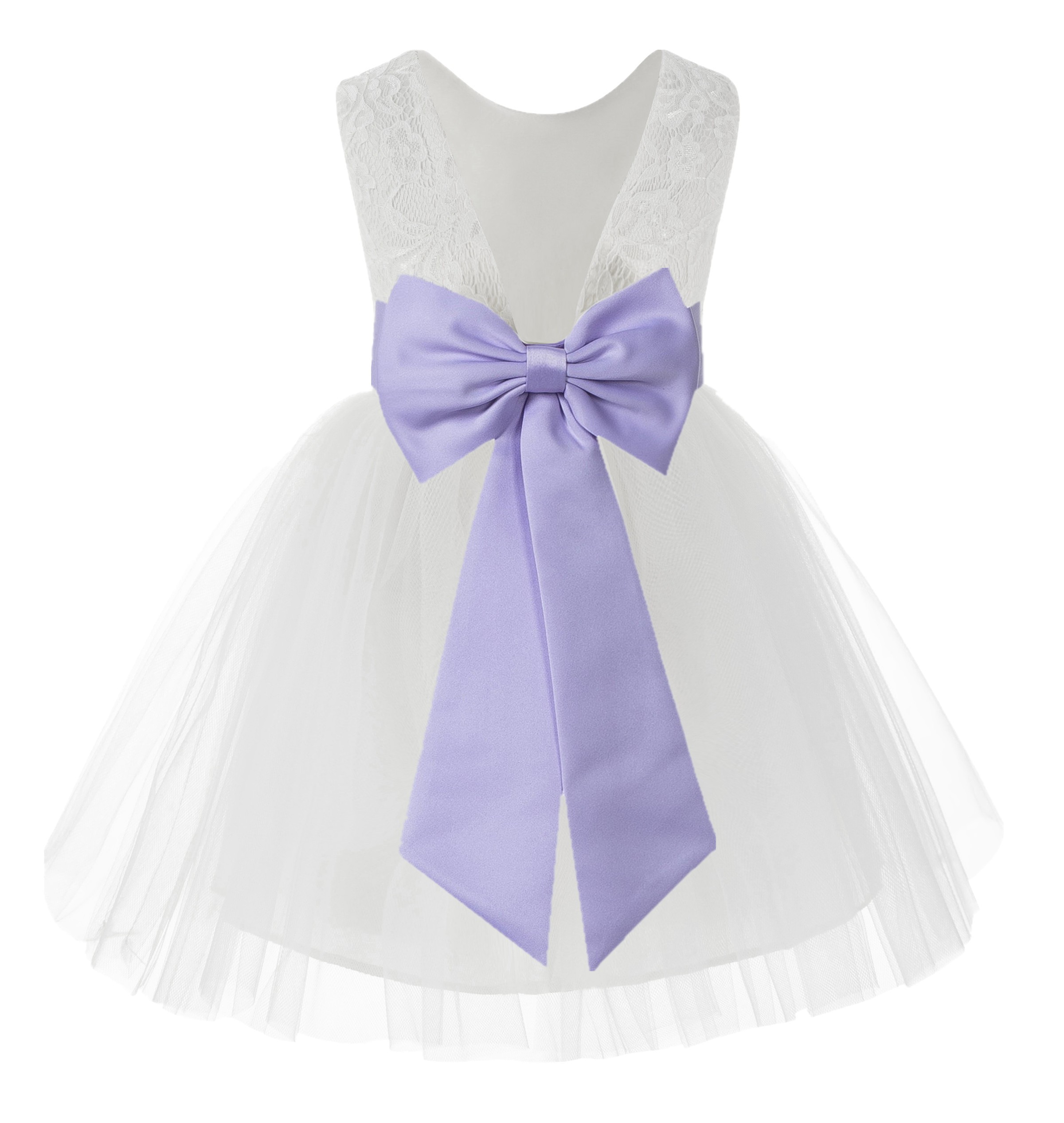 White / Lilac Flower Backless Lace Flower Girl Dress V-Back 206T