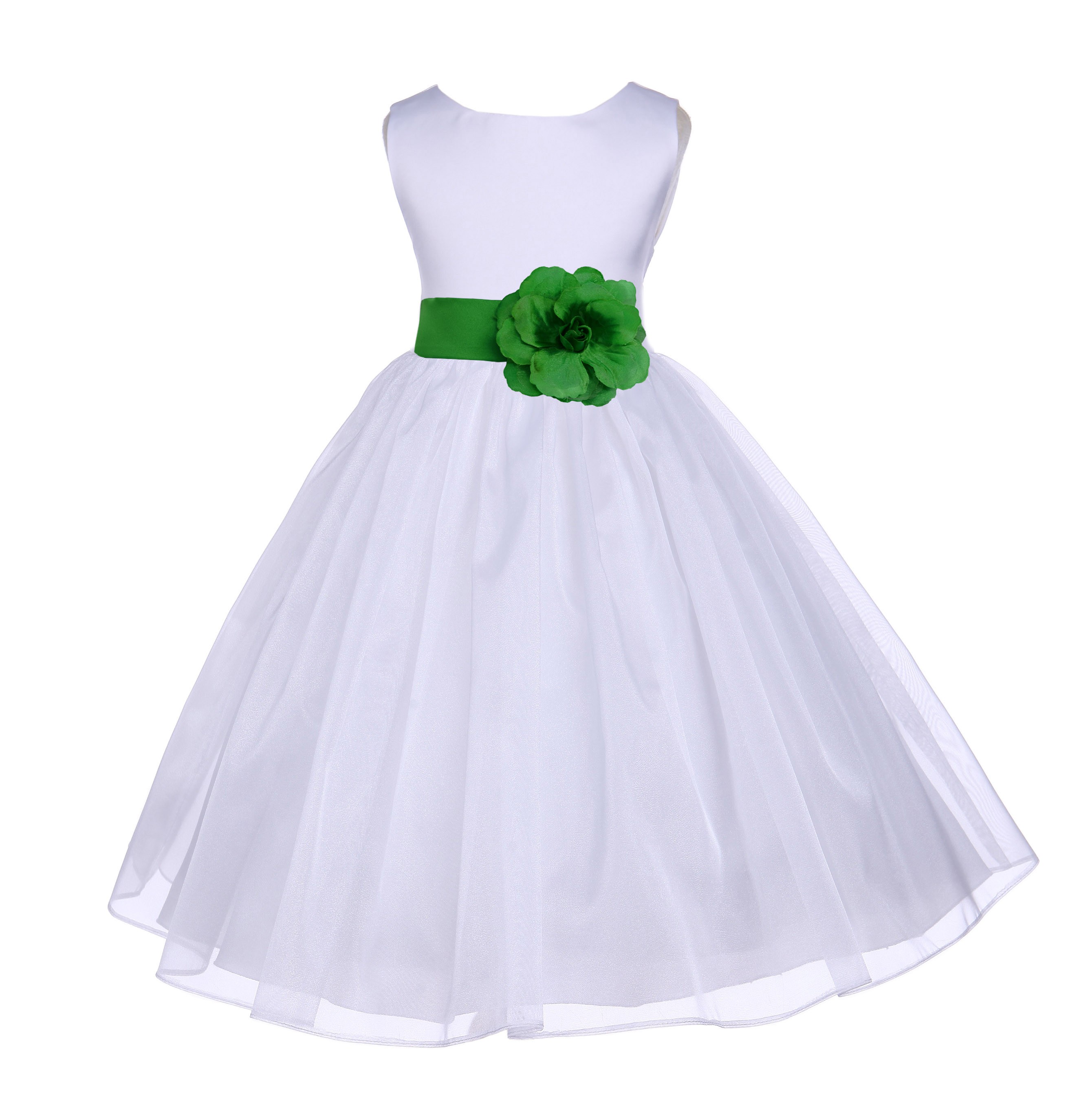 White/Lime Satin Bodice Organza Skirt Flower Girl Dress 841T