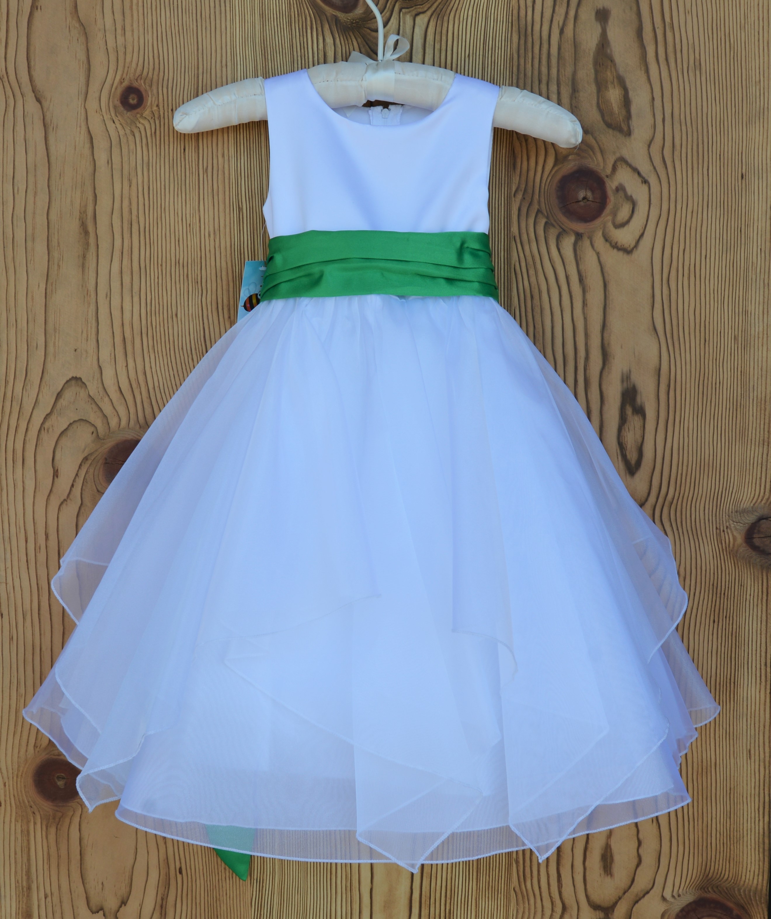 White/Lime Satin Bodice Shimmering Organza Flower Girl Dress J012