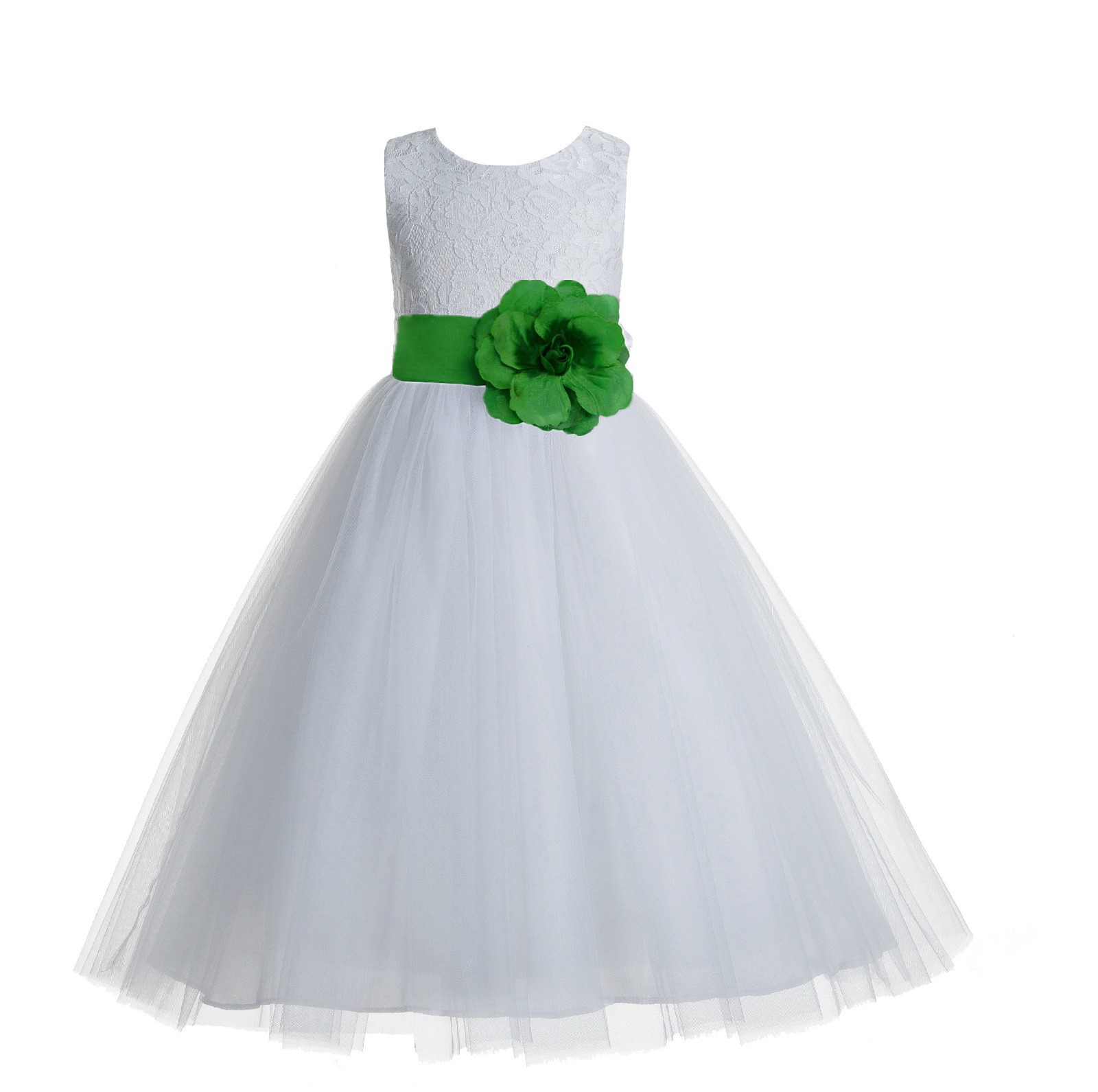 White / Kelly Lime Green Floral Lace Heart Cutout Flower Girl Dress with Flower 172T