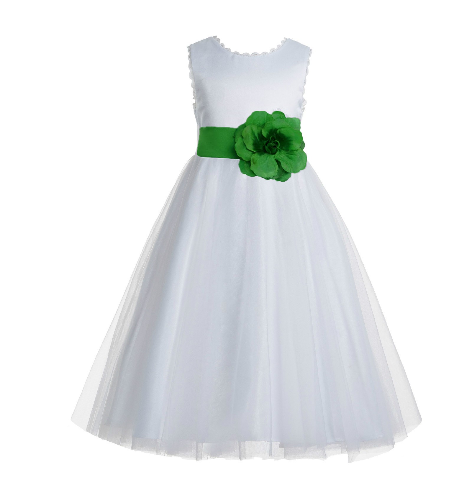 White / Kelly Lime Green V-Back Lace Edge Flower Girl Dress 183T
