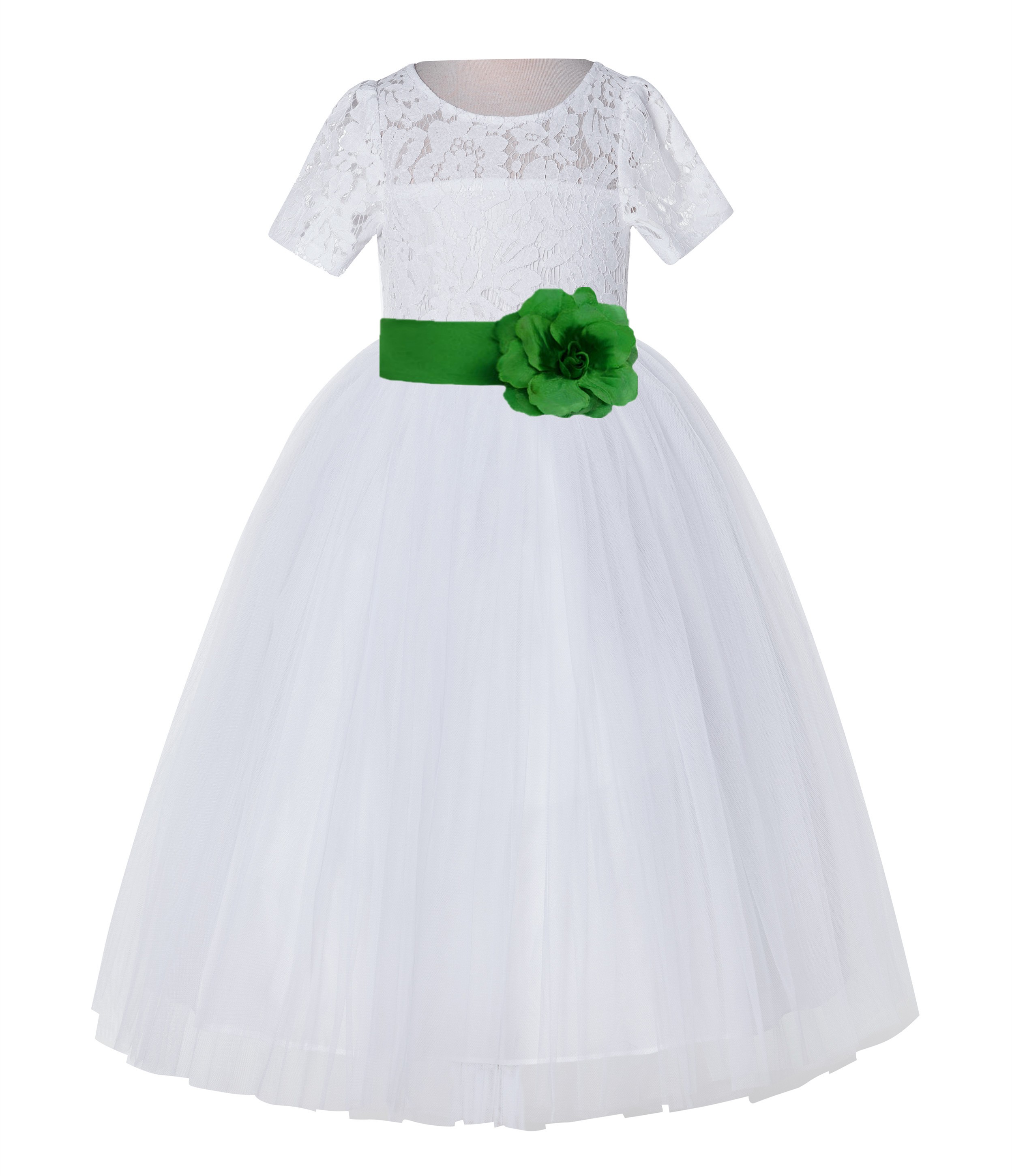 White / Kelly Lime Green Floral Lace Flower Girl Dress Vintage Dress LG2