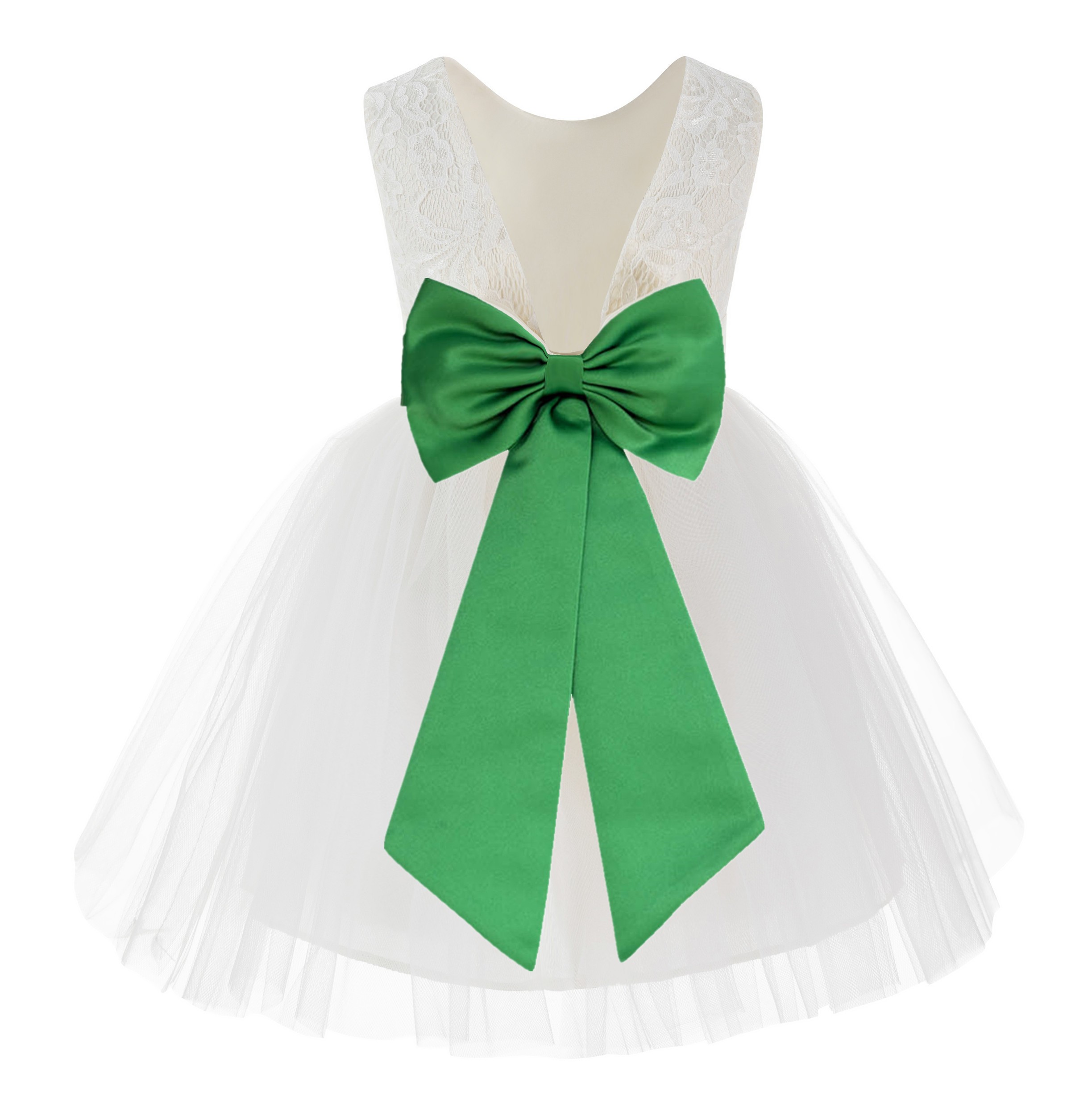 Ivory / Kelly Lime Green Backless Lace Flower Girl Dress V-Back 206T