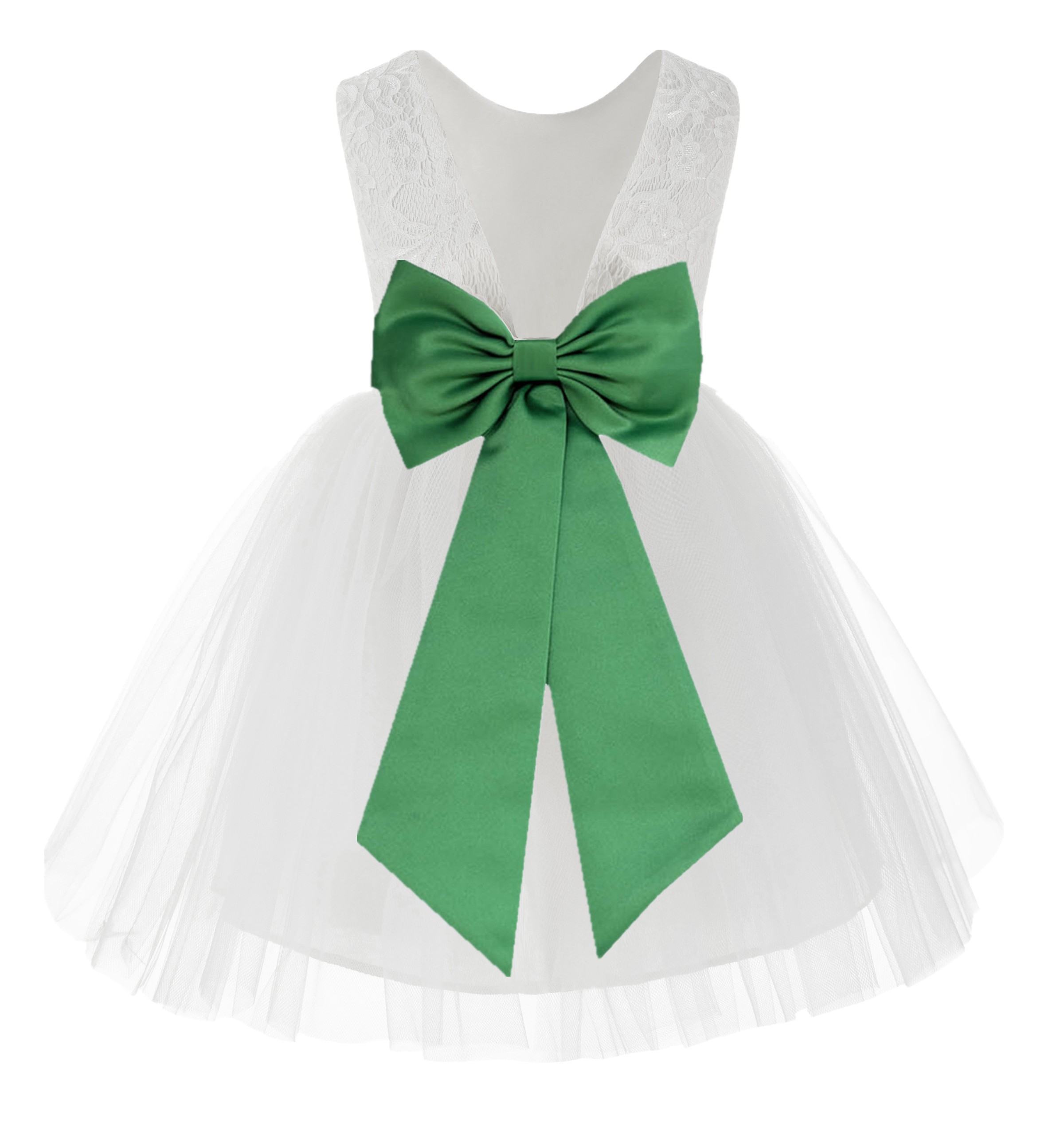 White / Kelly LIme Green Flower Backless Lace Flower Girl Dress V-Back 206T