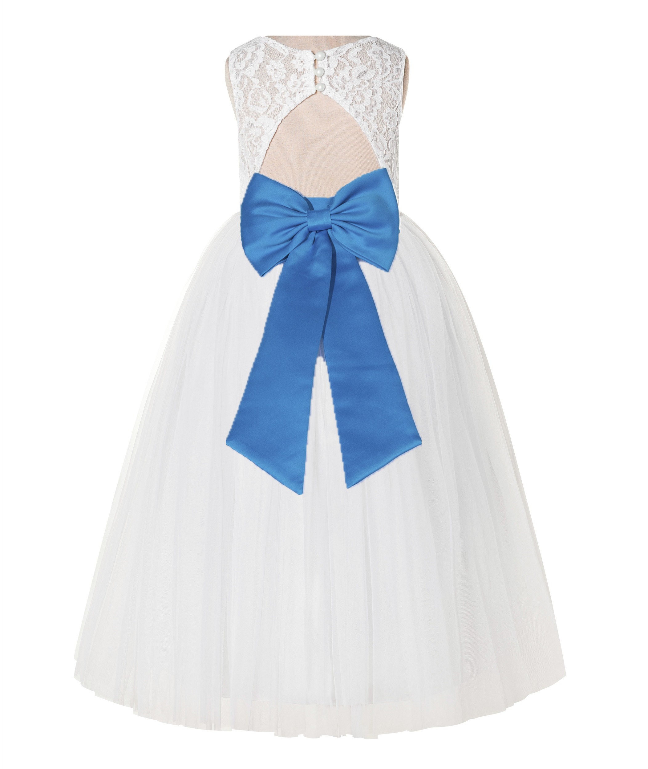 Ivory / Malibu Blue Lace Tulle Scoop Neck Keyhole Back A-Line Flower Girl Dress 178