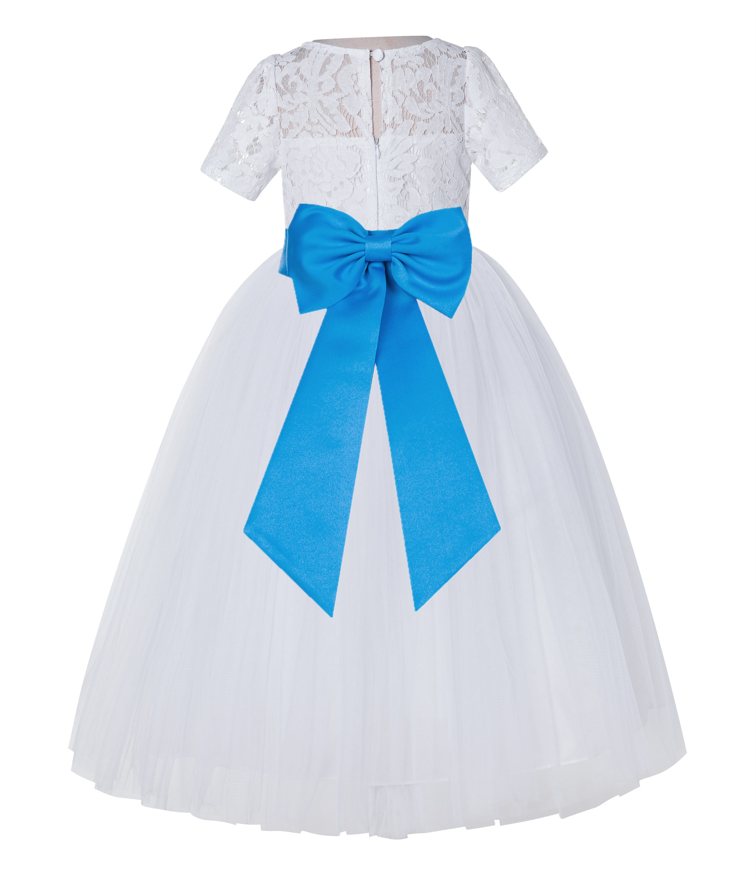 White / Malibu Blue Floral Lace Flower Girl Dress Vintage Dress LG2