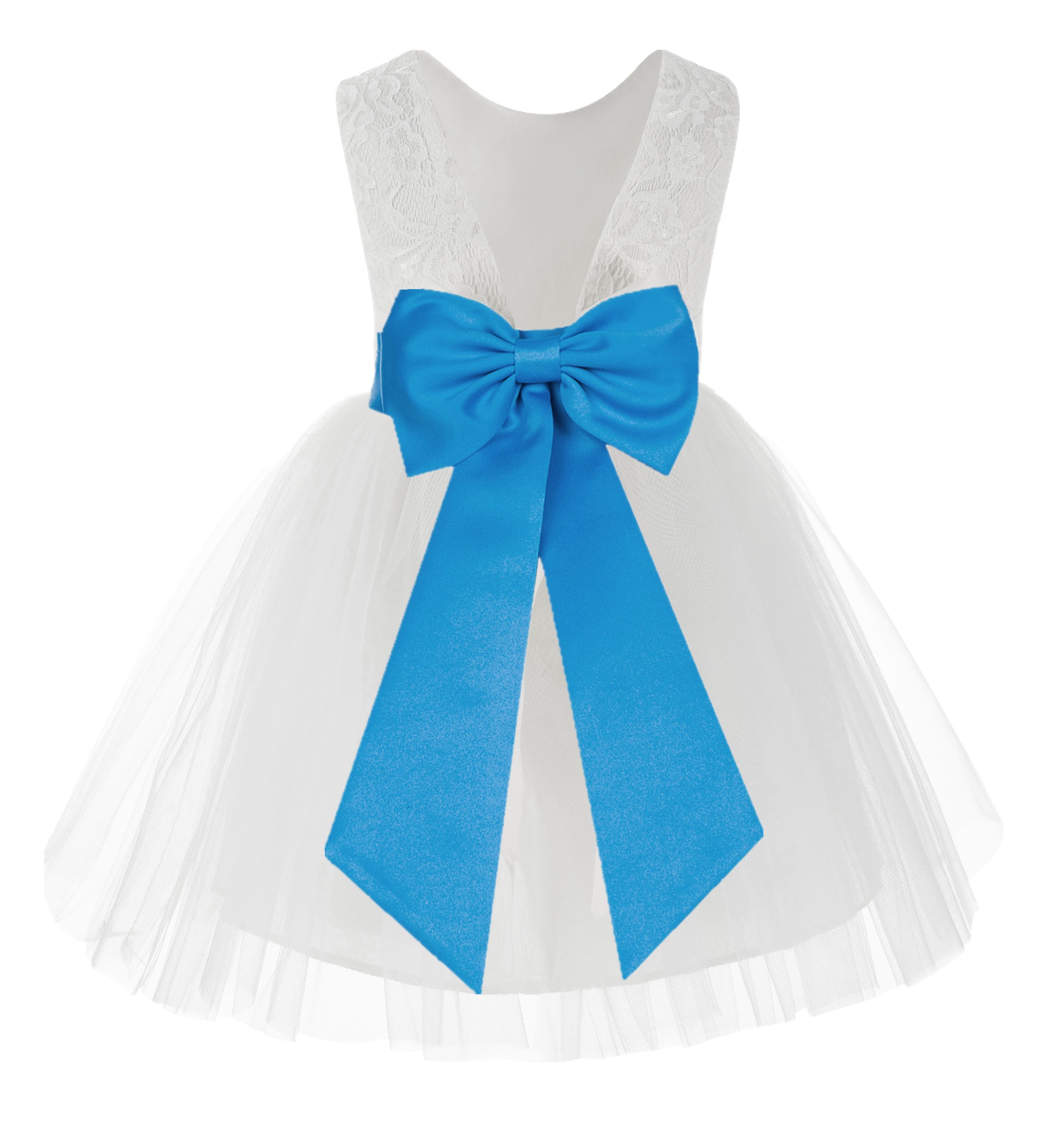 White / Malibu Blue Flower Backless Lace Flower Girl Dress V-Back 206T