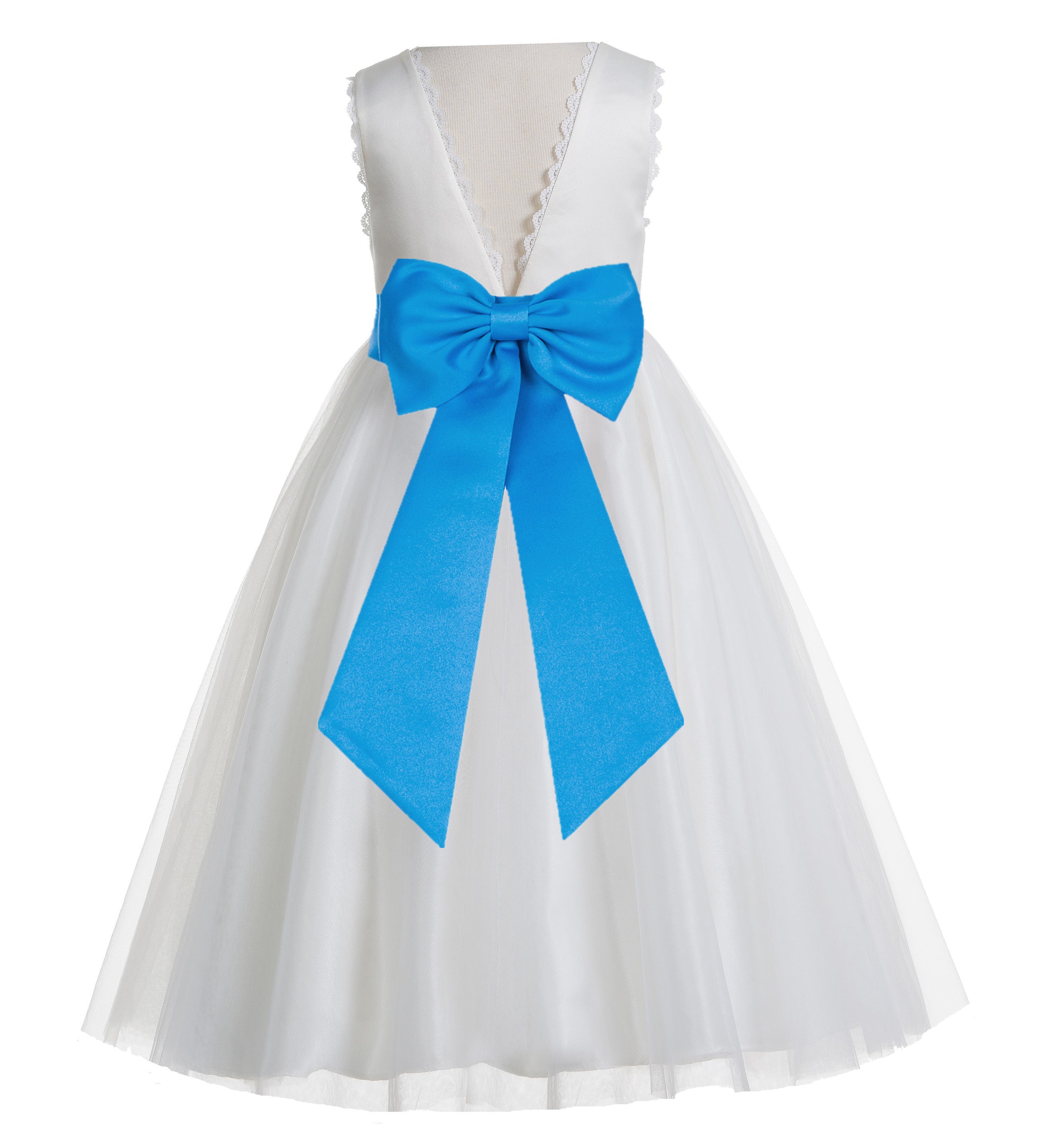 Ivory / Malibu Blue V-Back Lace Edge Flower Girl Dress 183T