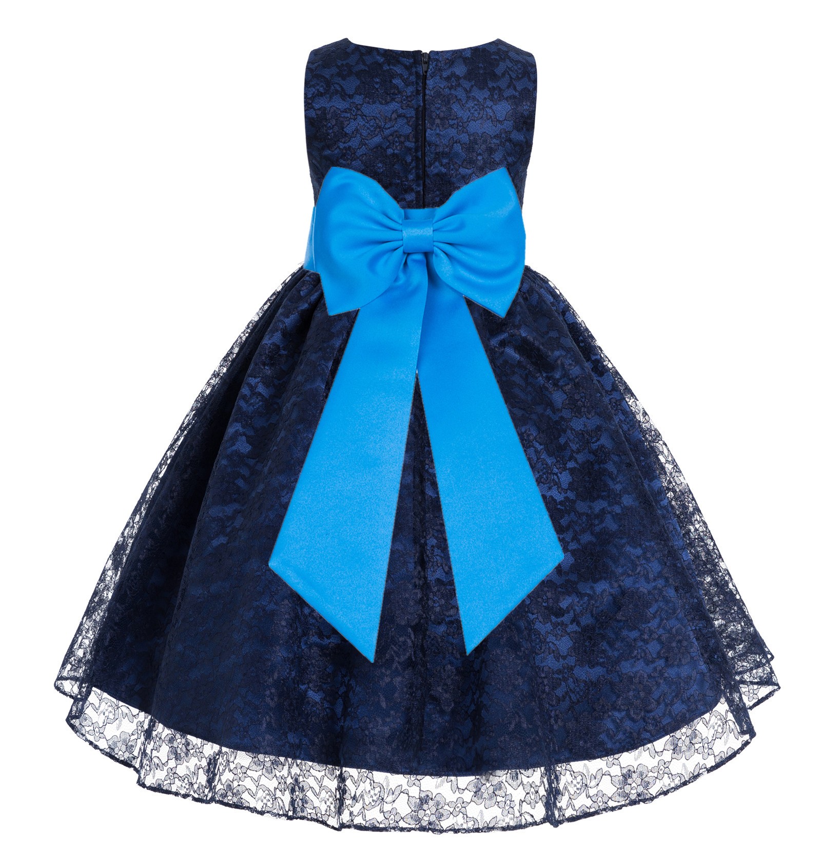 Navy Blue / Malibu Floral Lace Overlay Flower Girl Dress Elegant Beauty 163T