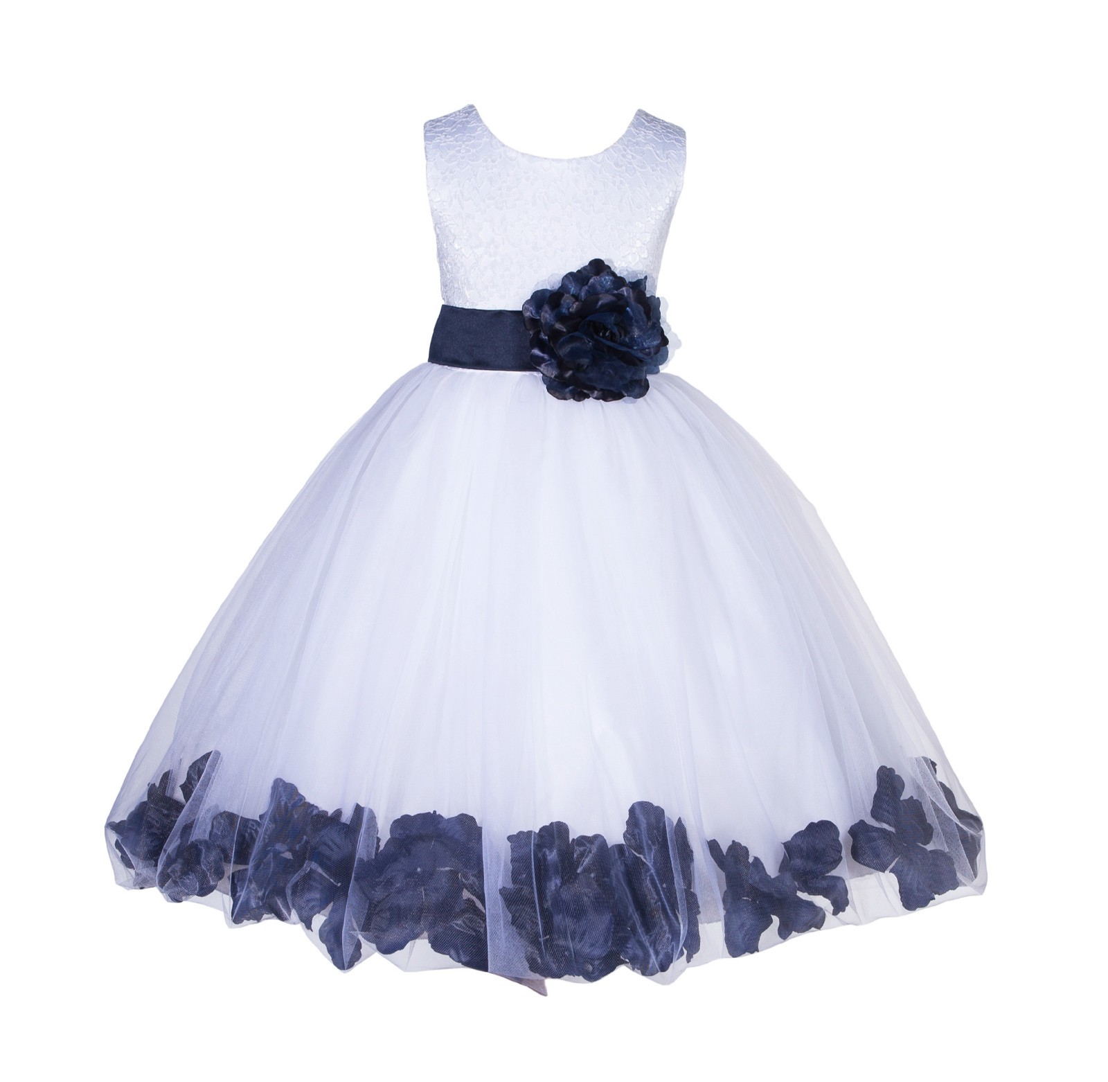 White/Marine Lace Top Tulle Floral Petals Flower Girl Dress 165S