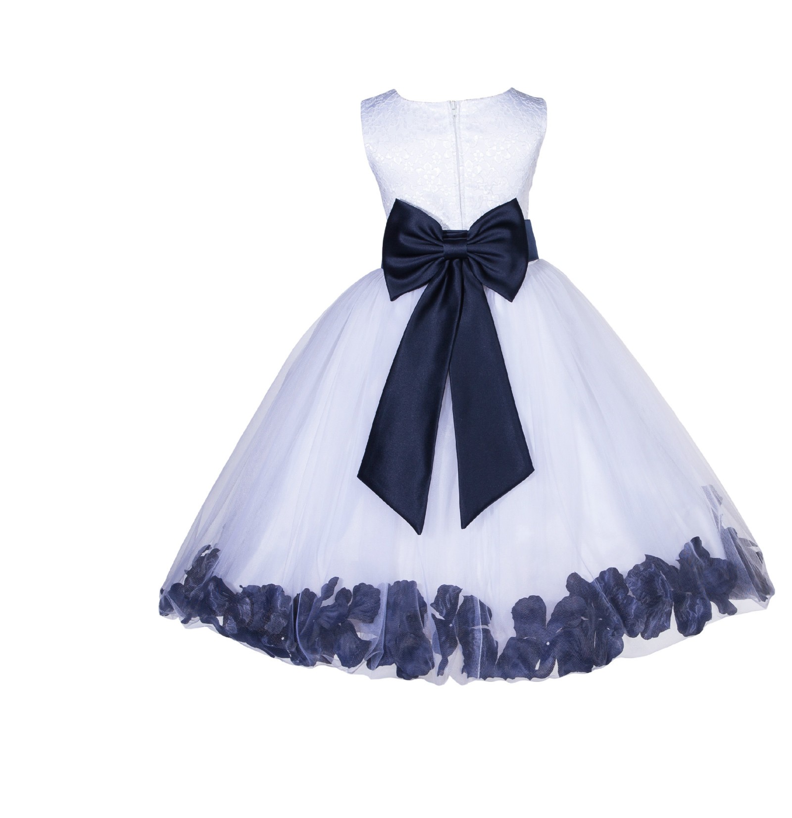 White/Marine Lace Top Tulle Floral Petals Flower Girl Dress 165T