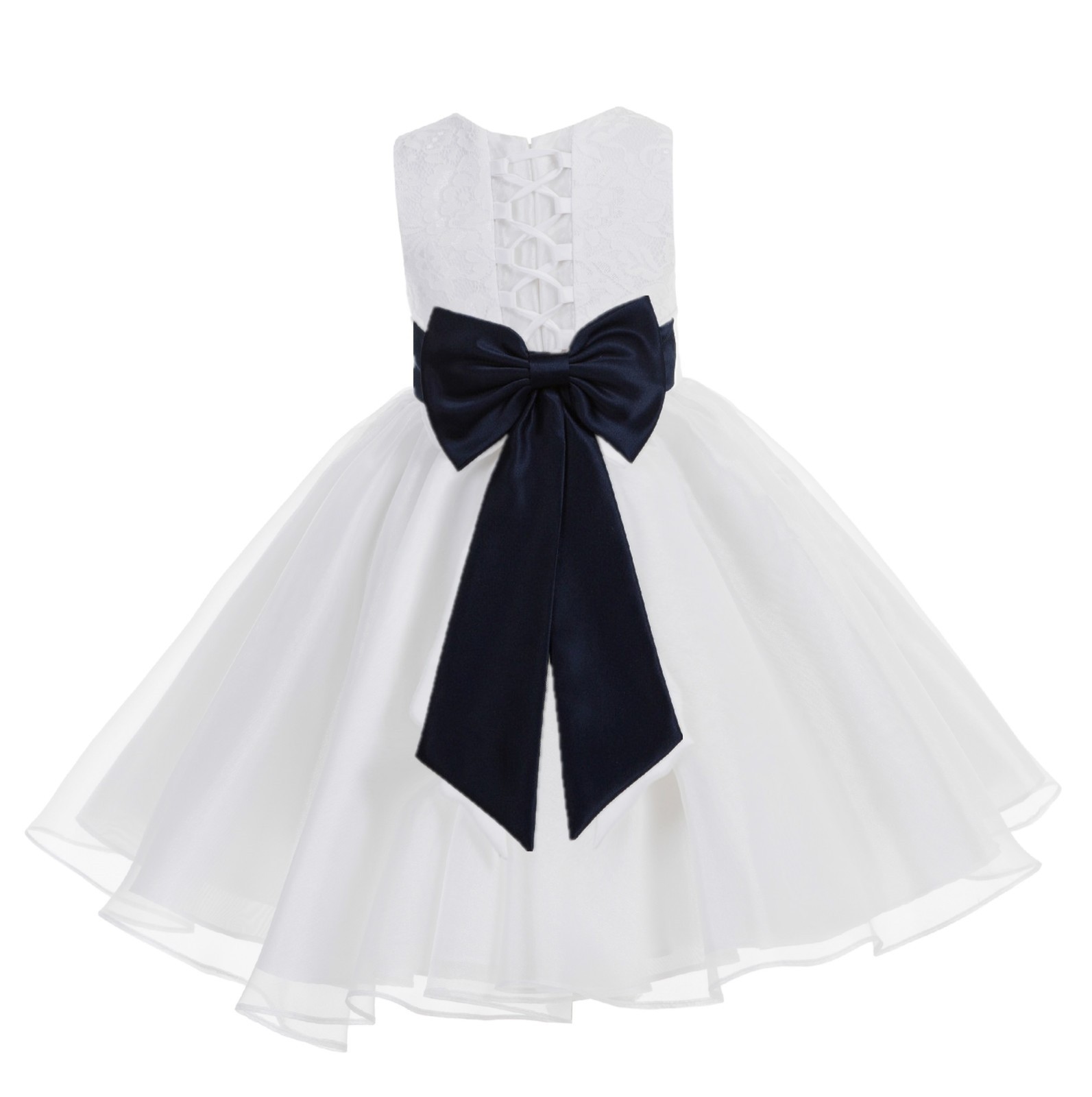 White / Marine Blue Lace Organza Flower Girl Dress 186T