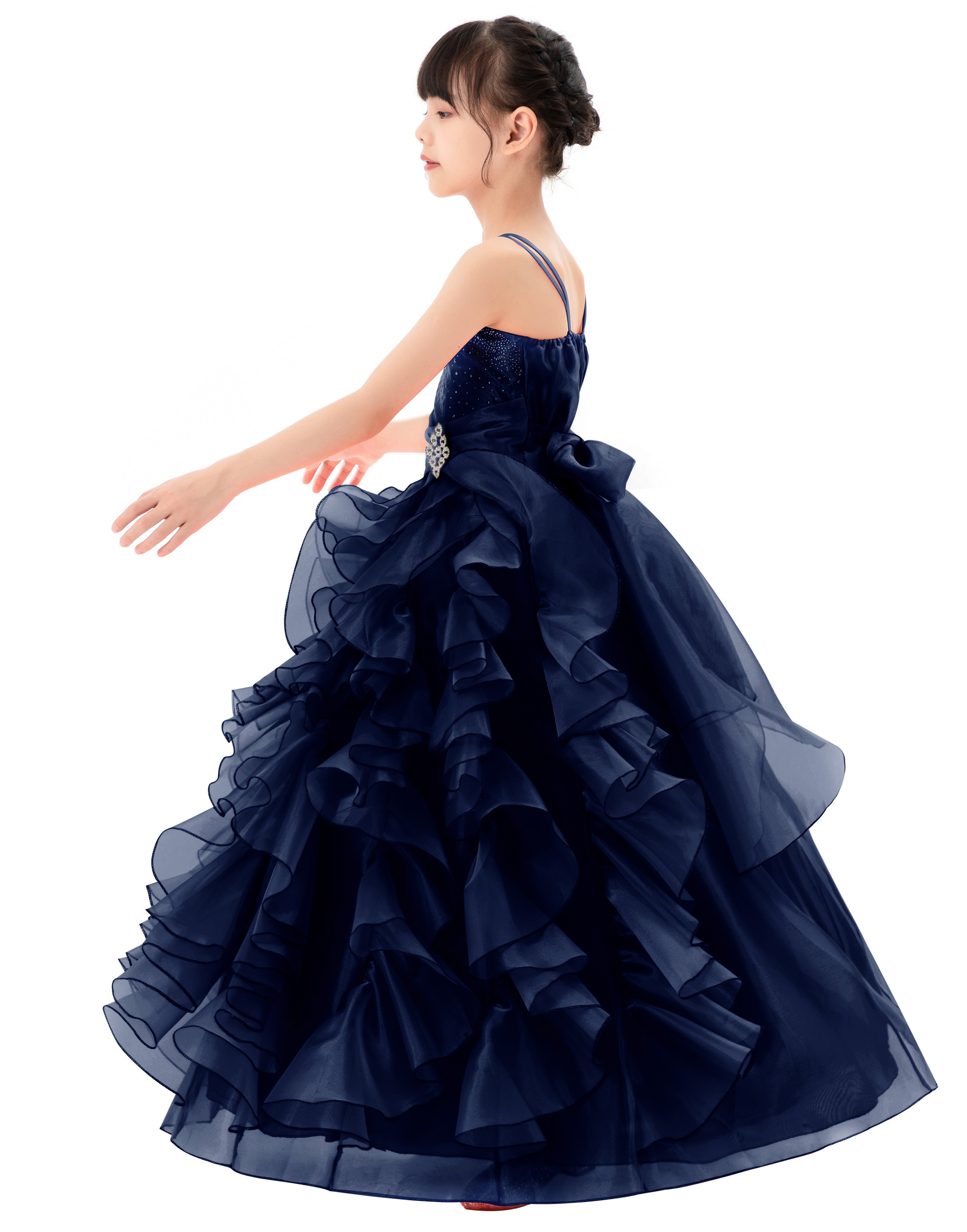 Marine Blue Ruffle Organza Overlay Flower Girl Dress Seq5