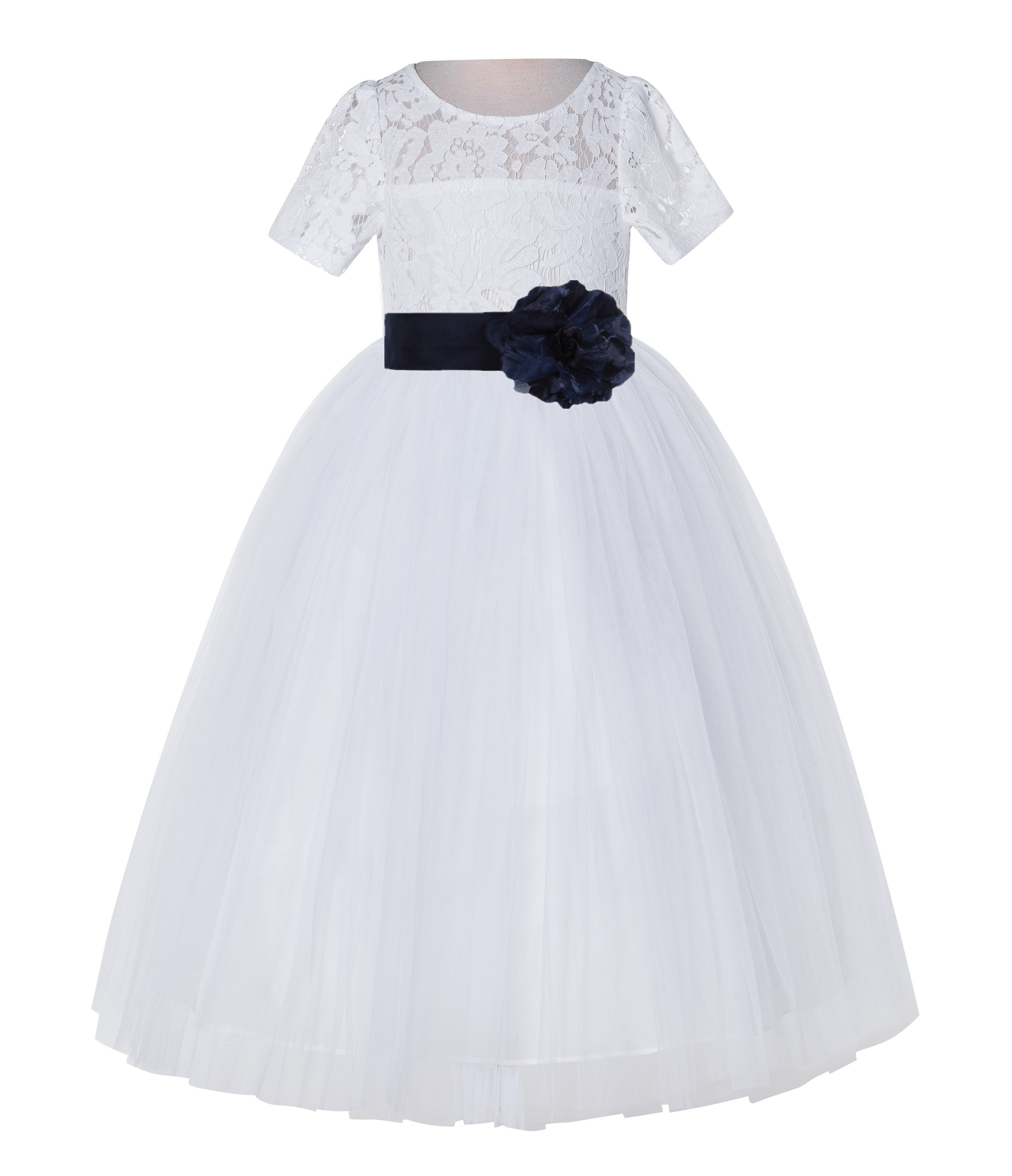 White / Marine Blue Floral Lace Flower Girl Dress Vintage Dress LG2