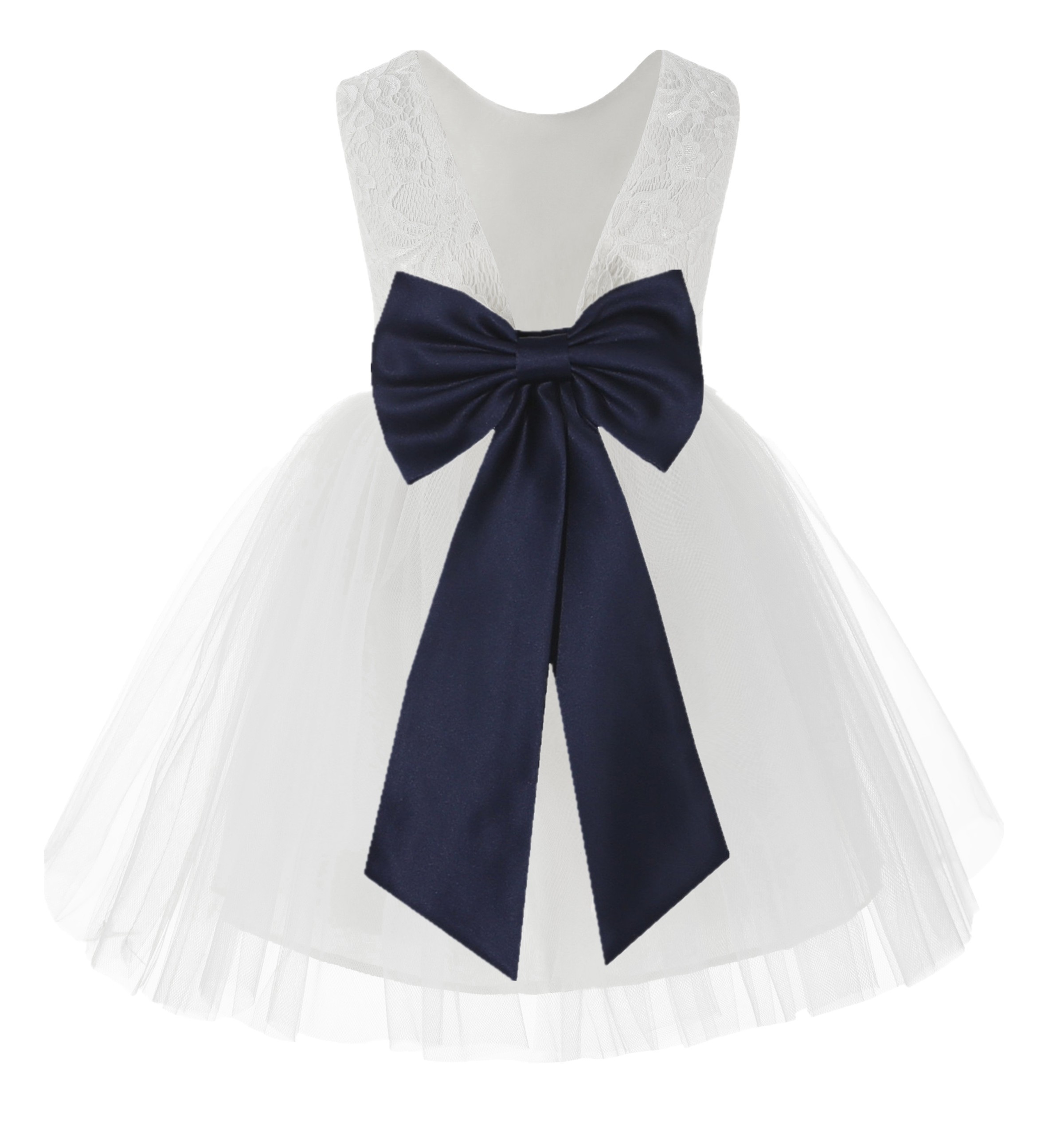 White / Marine Blue Flower Backless Lace Flower Girl Dress V-Back 206T