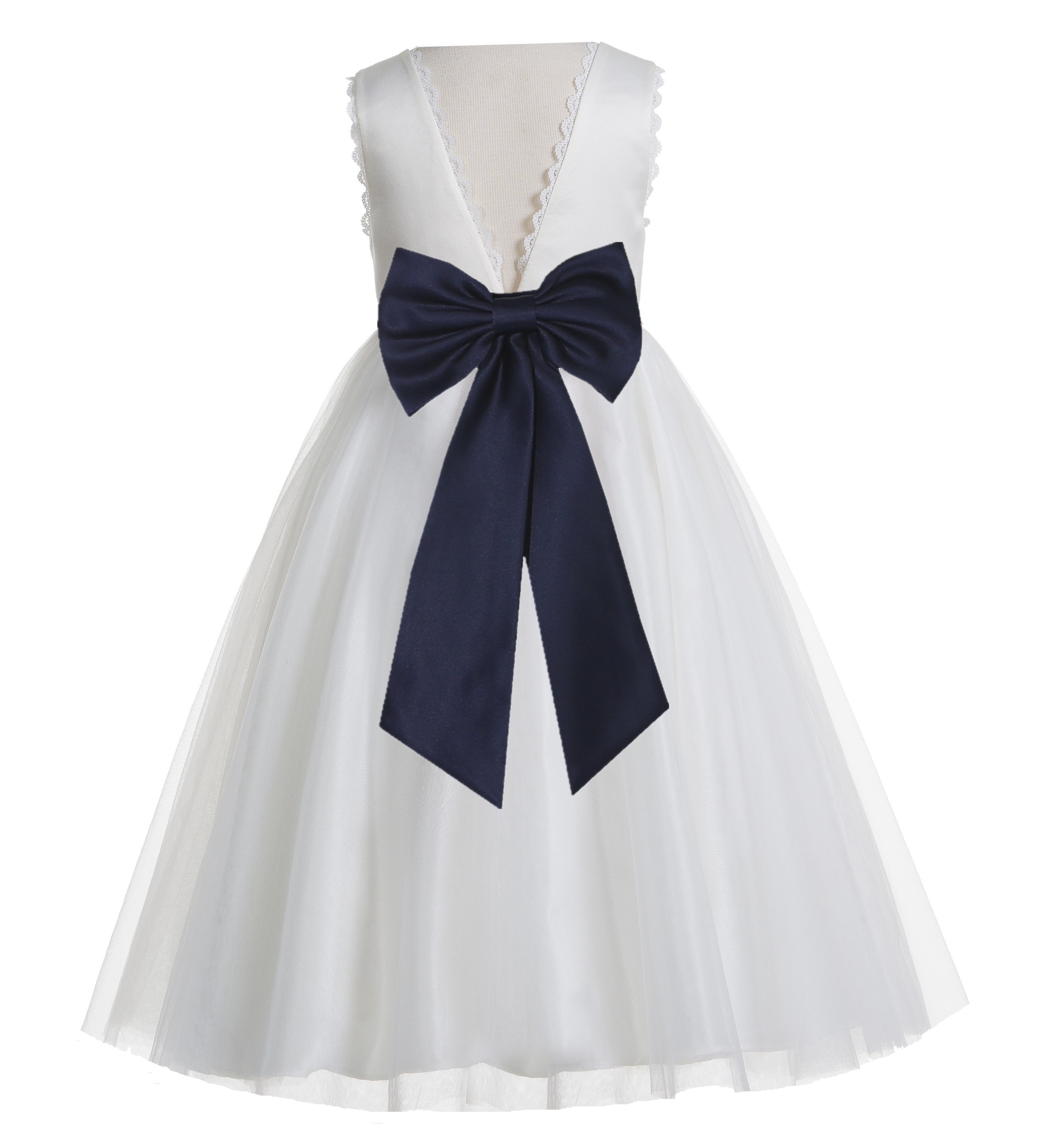 Ivory / Marine Blue V-Back Lace Edge Flower Girl Dress 183T