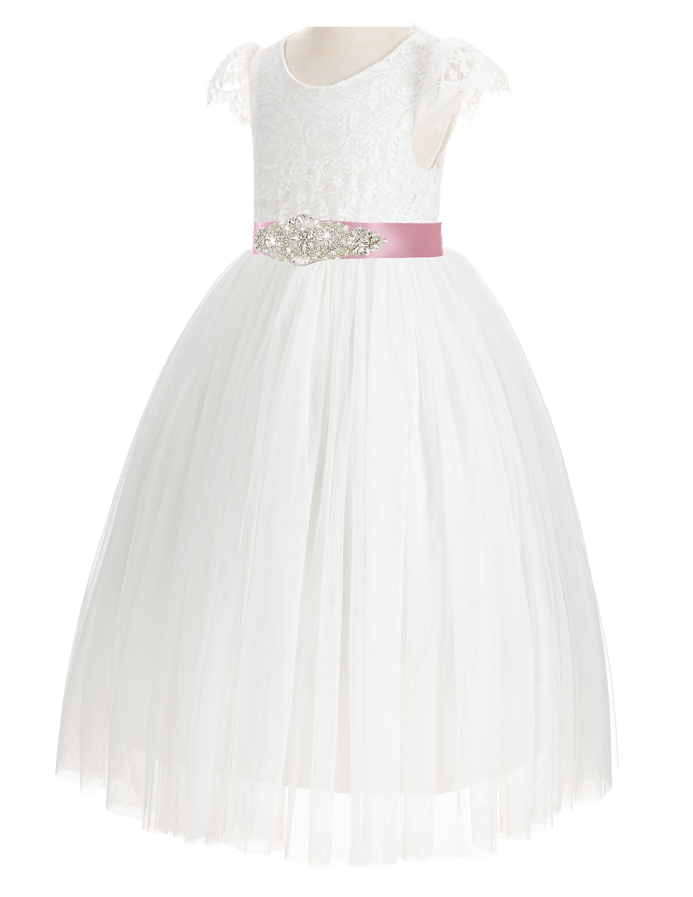 Ivory / Mauve Cap Sleeves Lace Flower Girl Dress V-Back Lace Dress 622R3