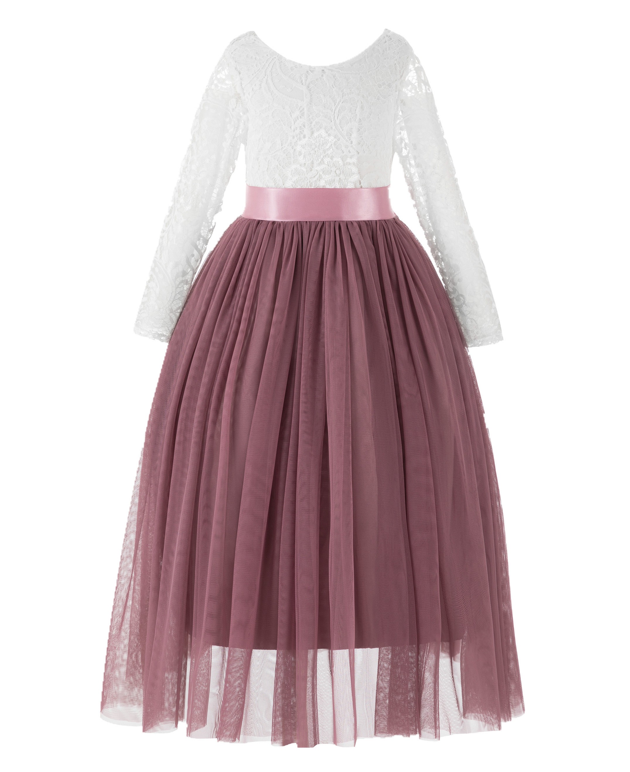 Mauve A-Line V-Back Lace Flower Girl Dress with Sleeves 290R