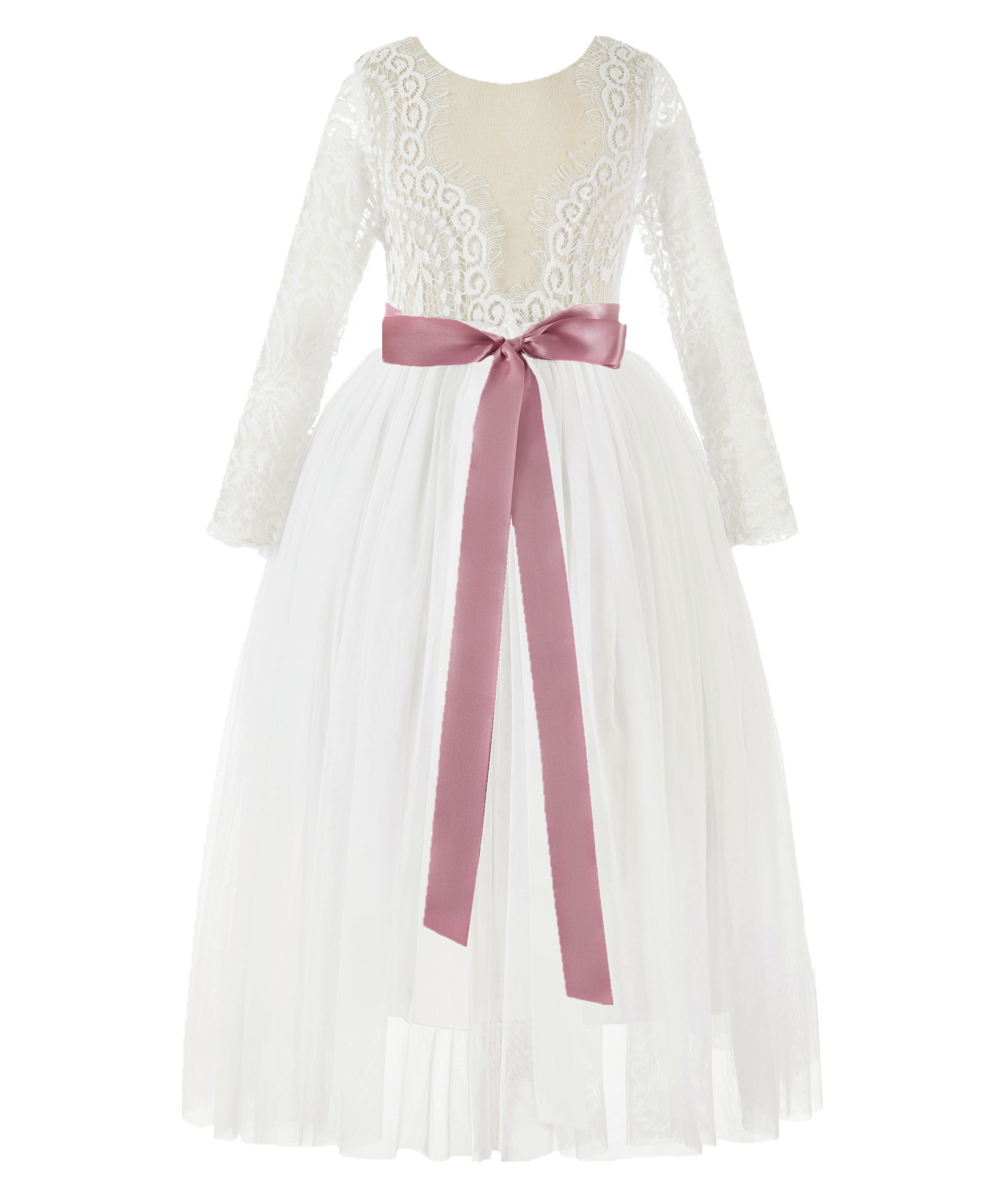 Ivory / Mauve A-Line V-Back Lace Flower Girl Dress with Sleeves 290R