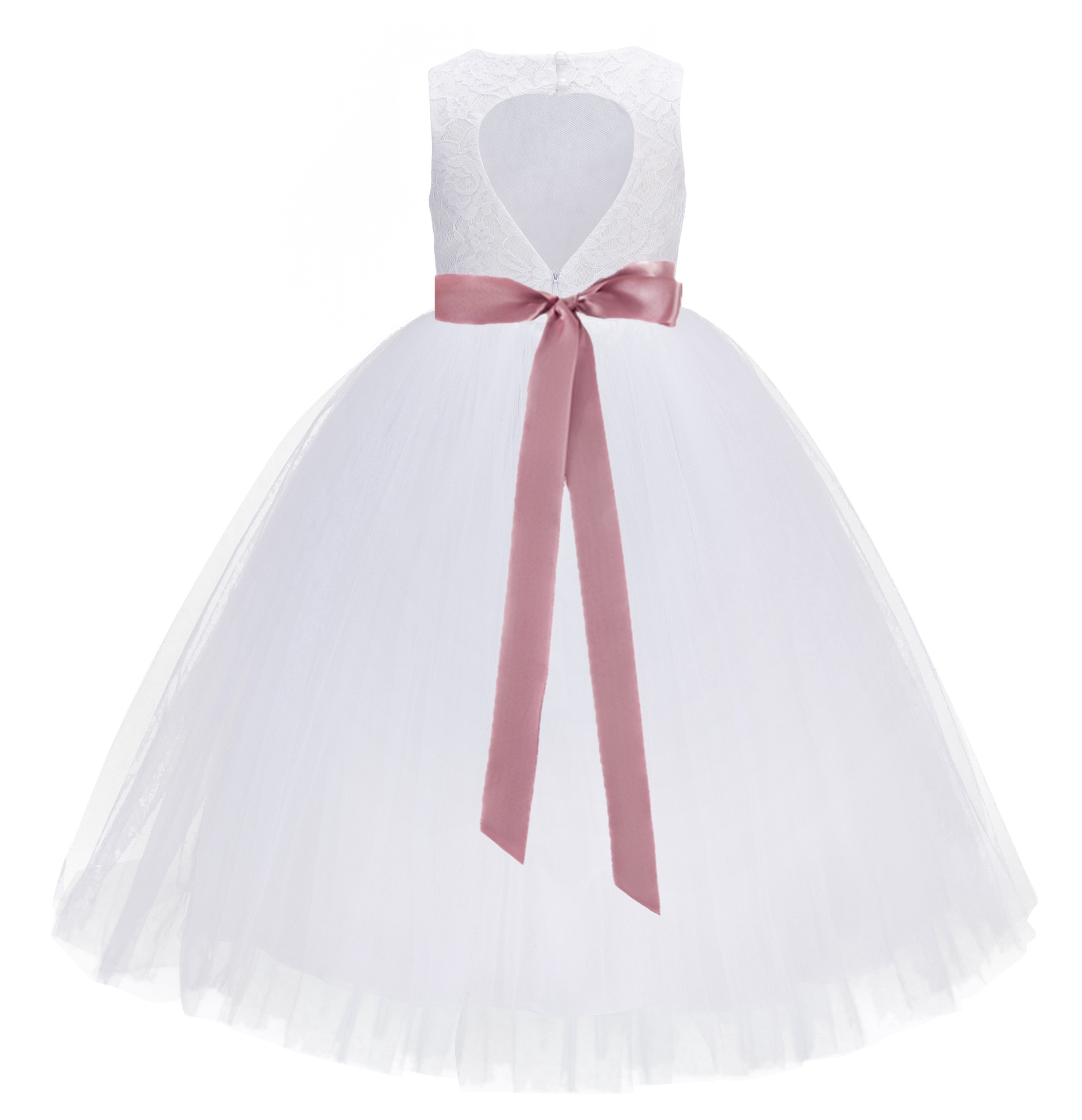 R3 White / Mauve Floral Lace Heart Cutout Flower Girl Dress 172R3