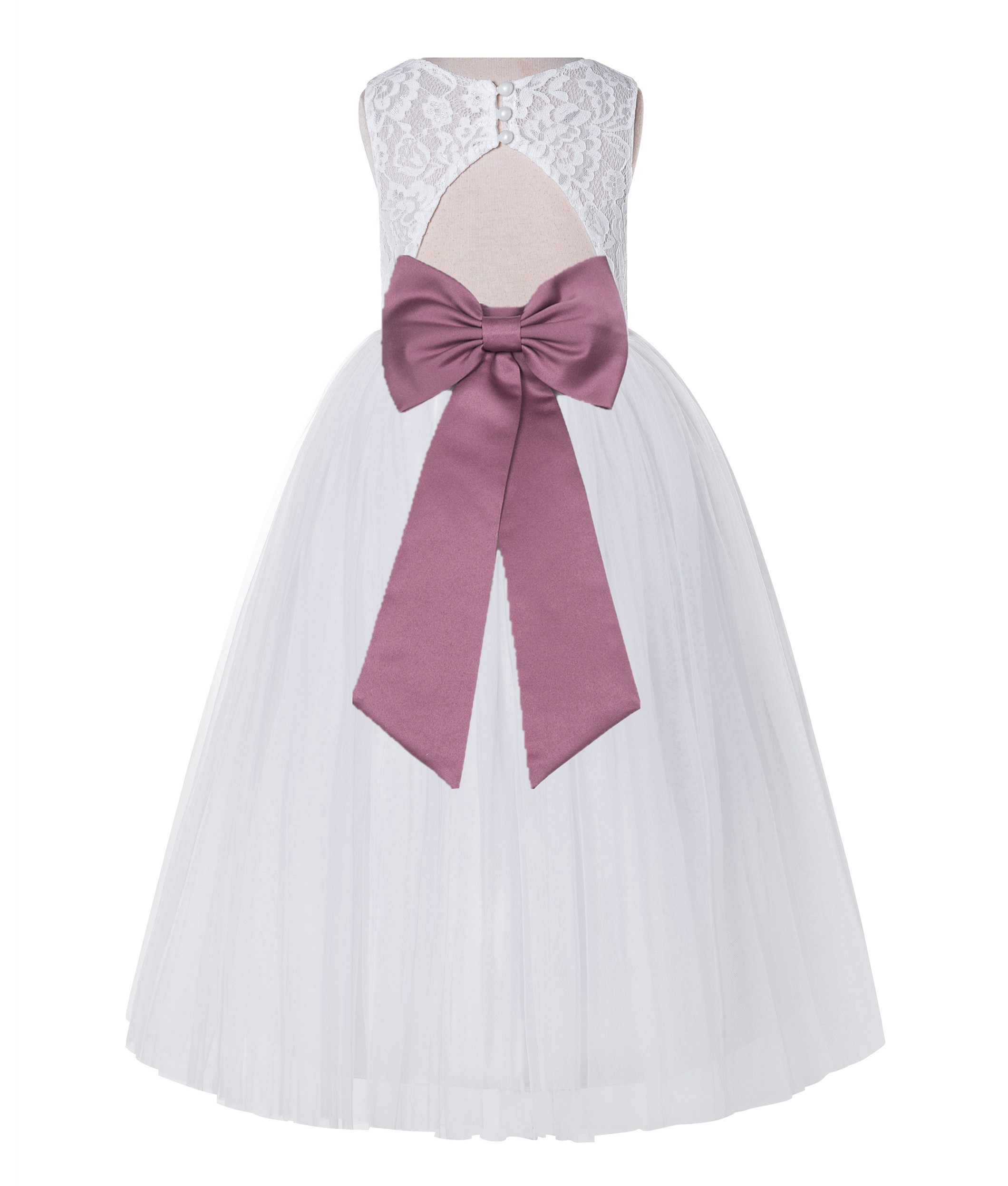 White / Mauve Lace Tulle Scoop Neck Keyhole Back A-Line Flower Girl Dress 178