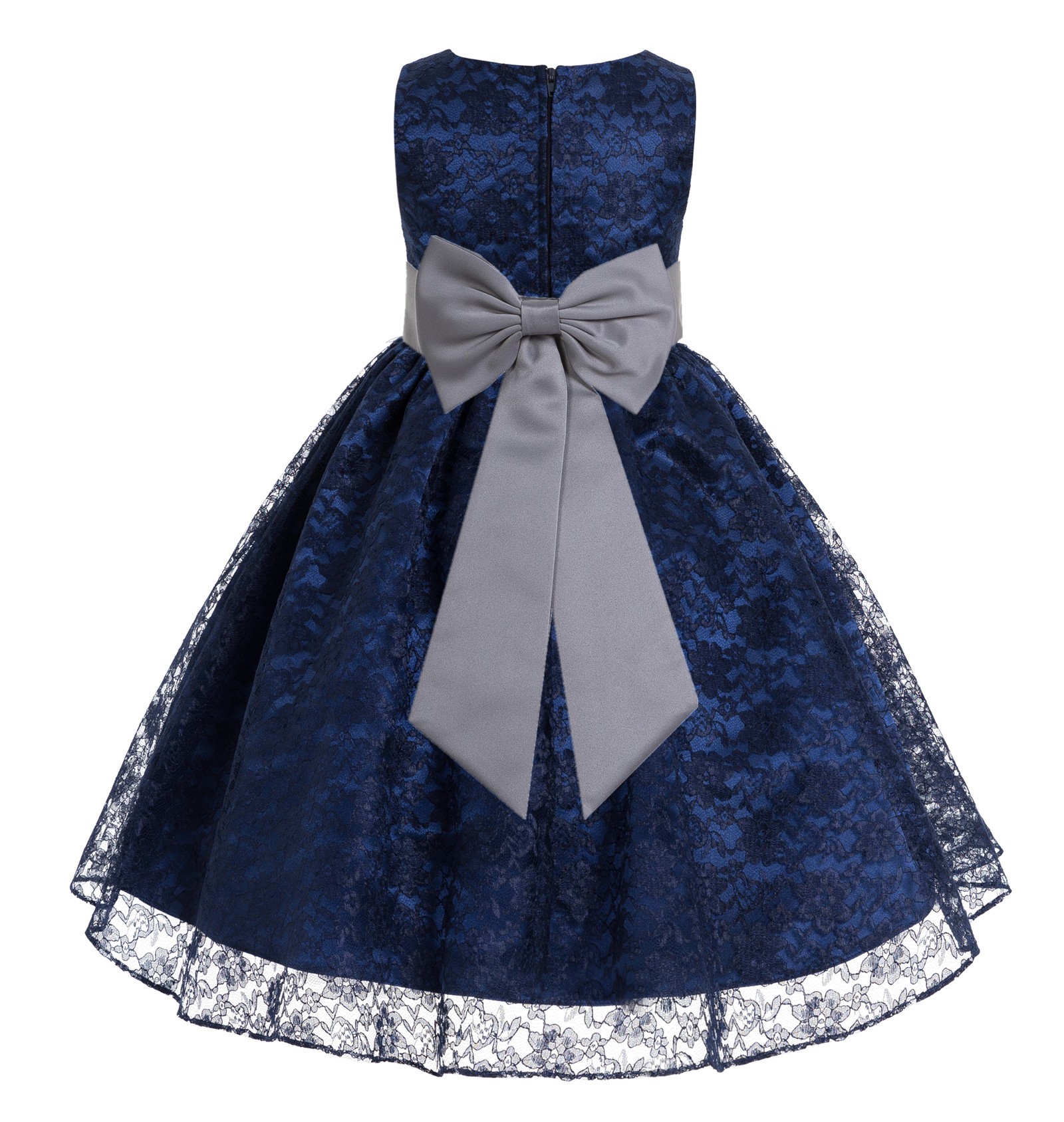 Navy Blue / Mercury Floral Lace Overlay Flower Girl Dress Elegant Beauty 163T