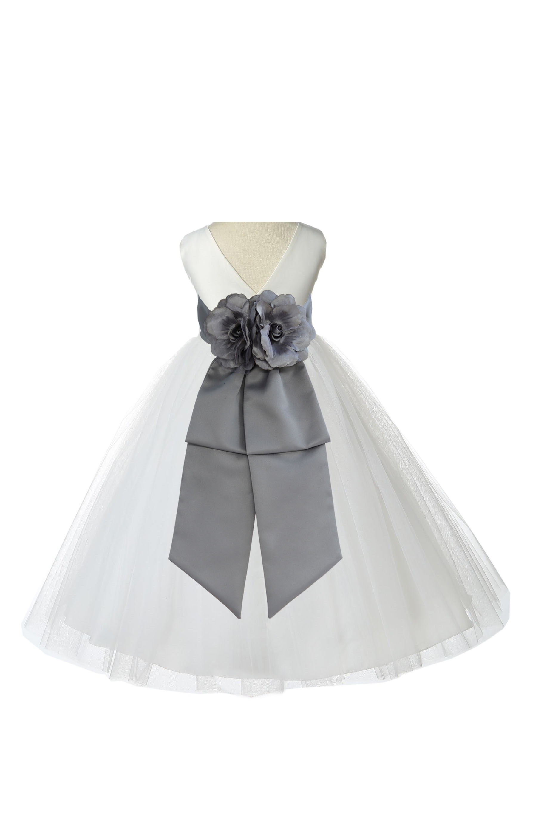 V-Neck Tulle Ivory/Mercury Flower Girl Dress Wedding Pageant 108