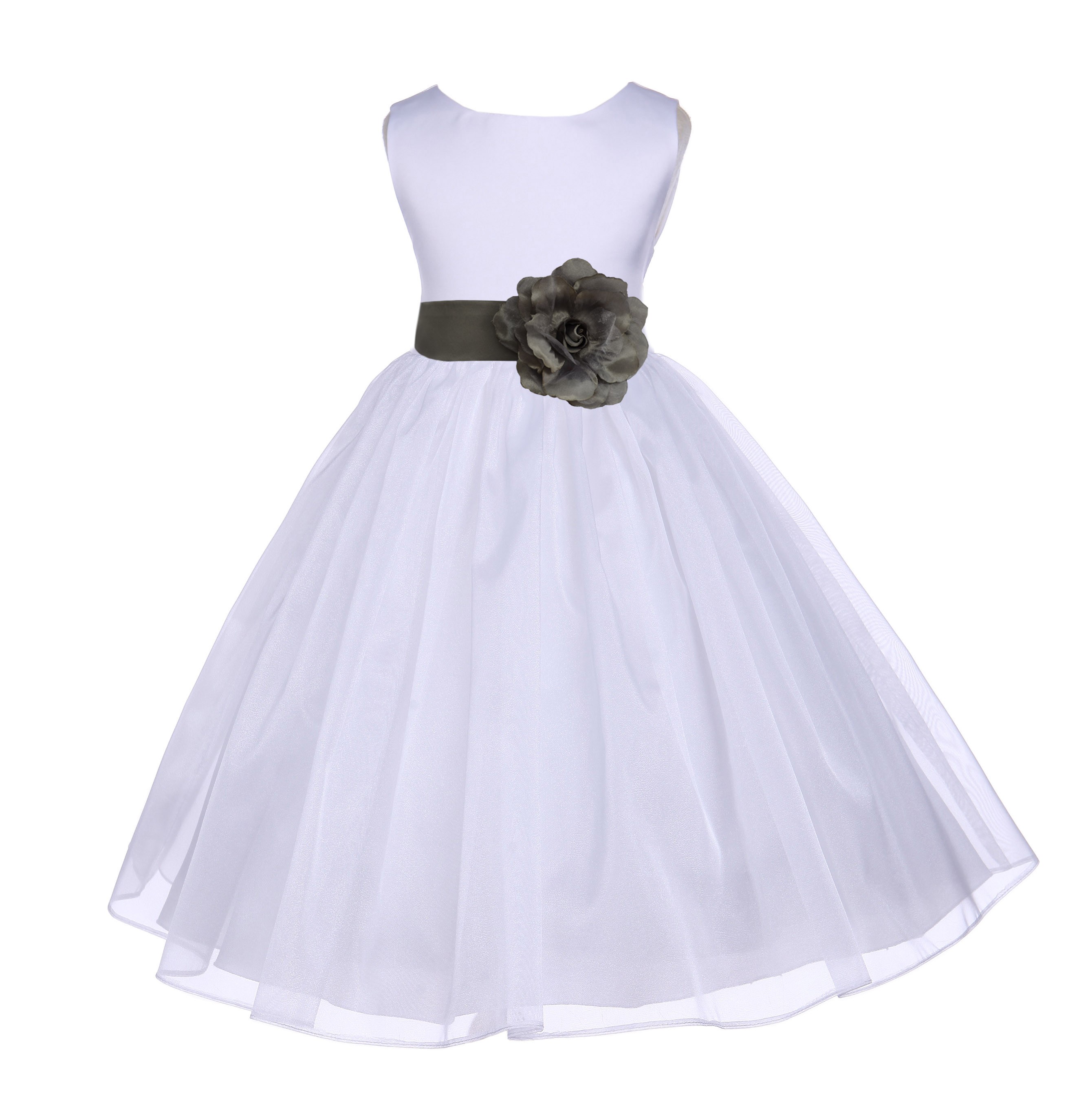 White/Mercury Satin Bodice Organza Skirt Flower Girl Dress 841T