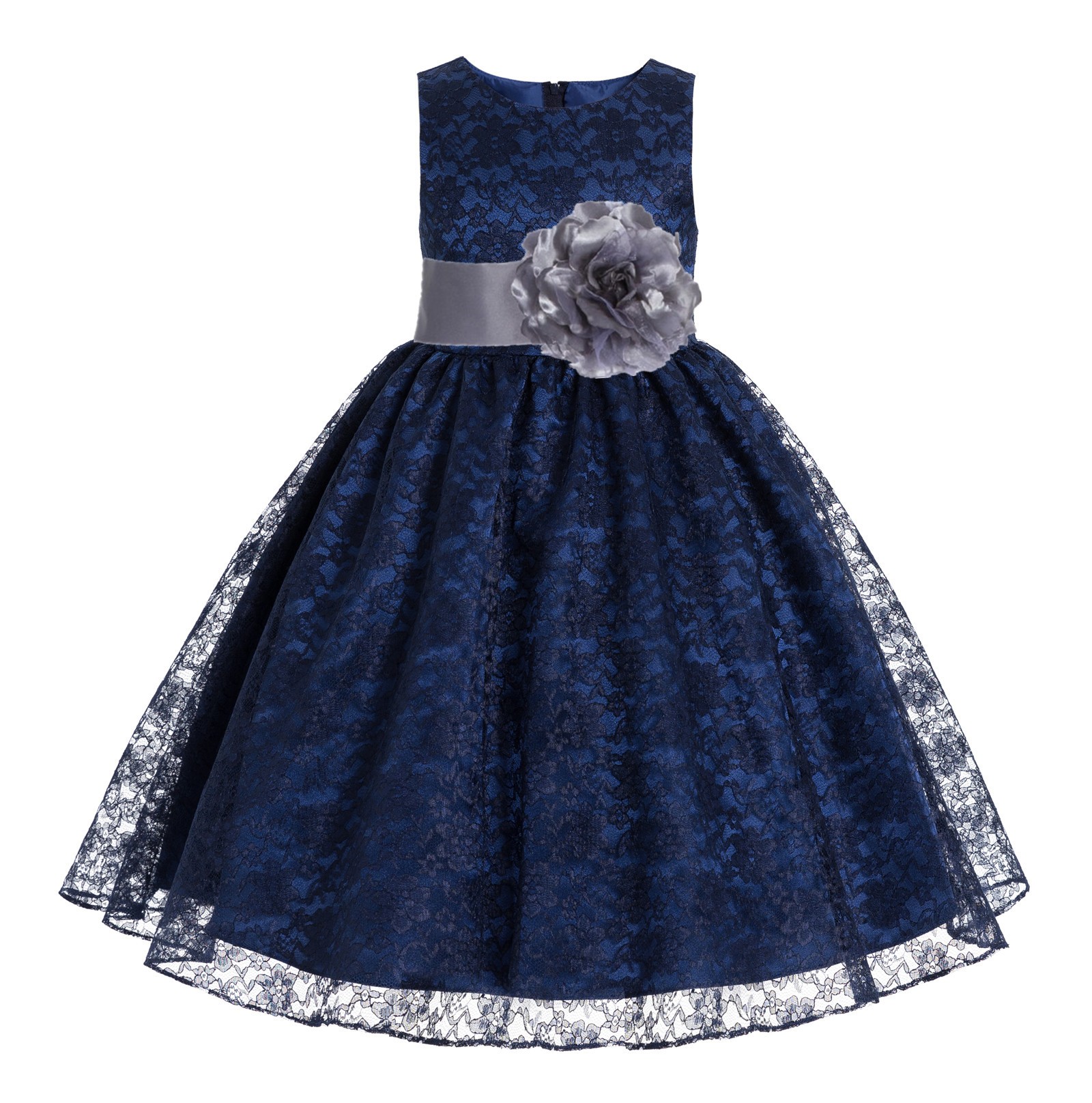 Navy / Mercury Floral Lace Overlay Flower Girl Dress Lace Dresses 163s