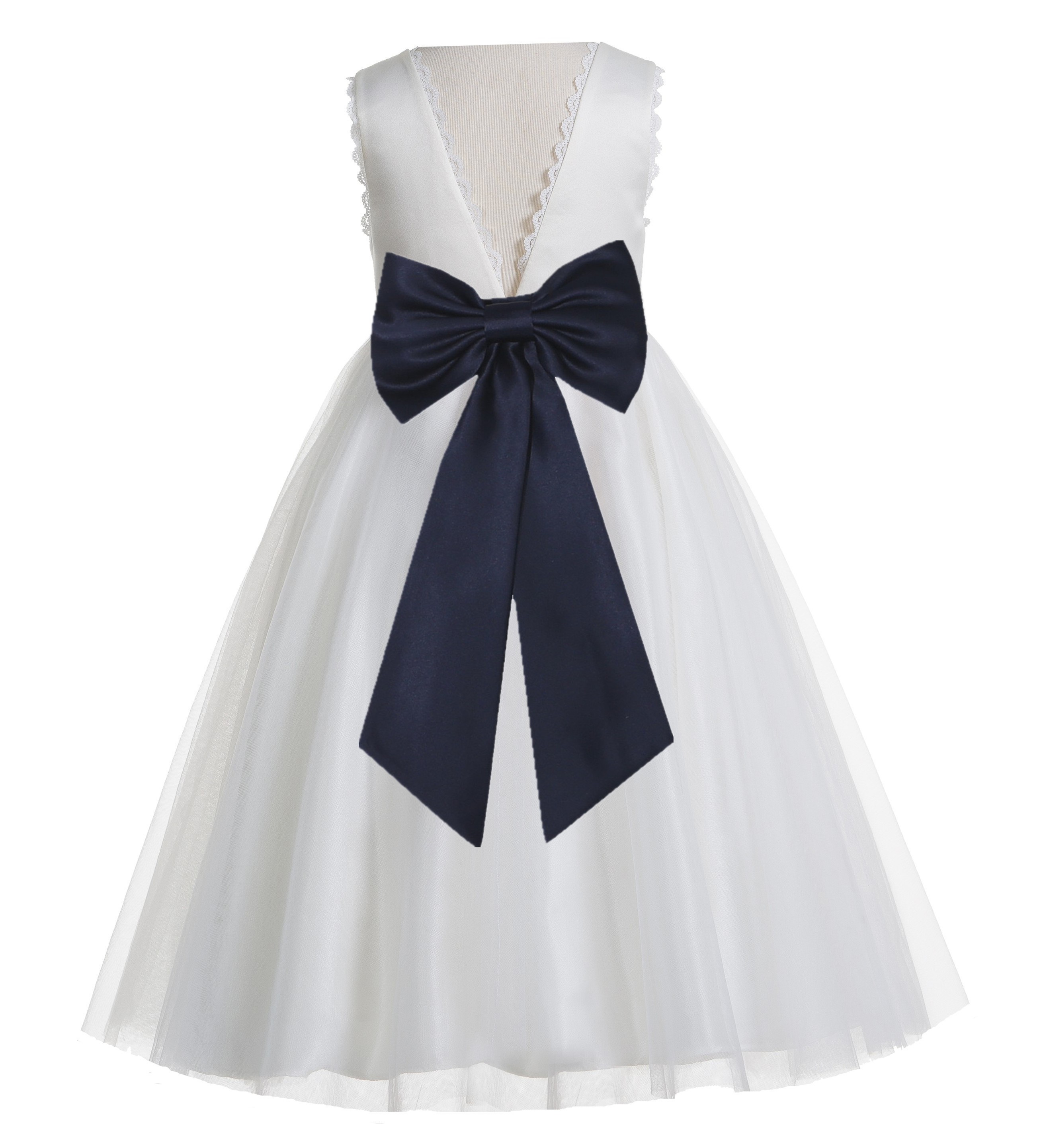 Ivory / Midnight Blue V-Back Lace Edge Flower Girl Dress 183T