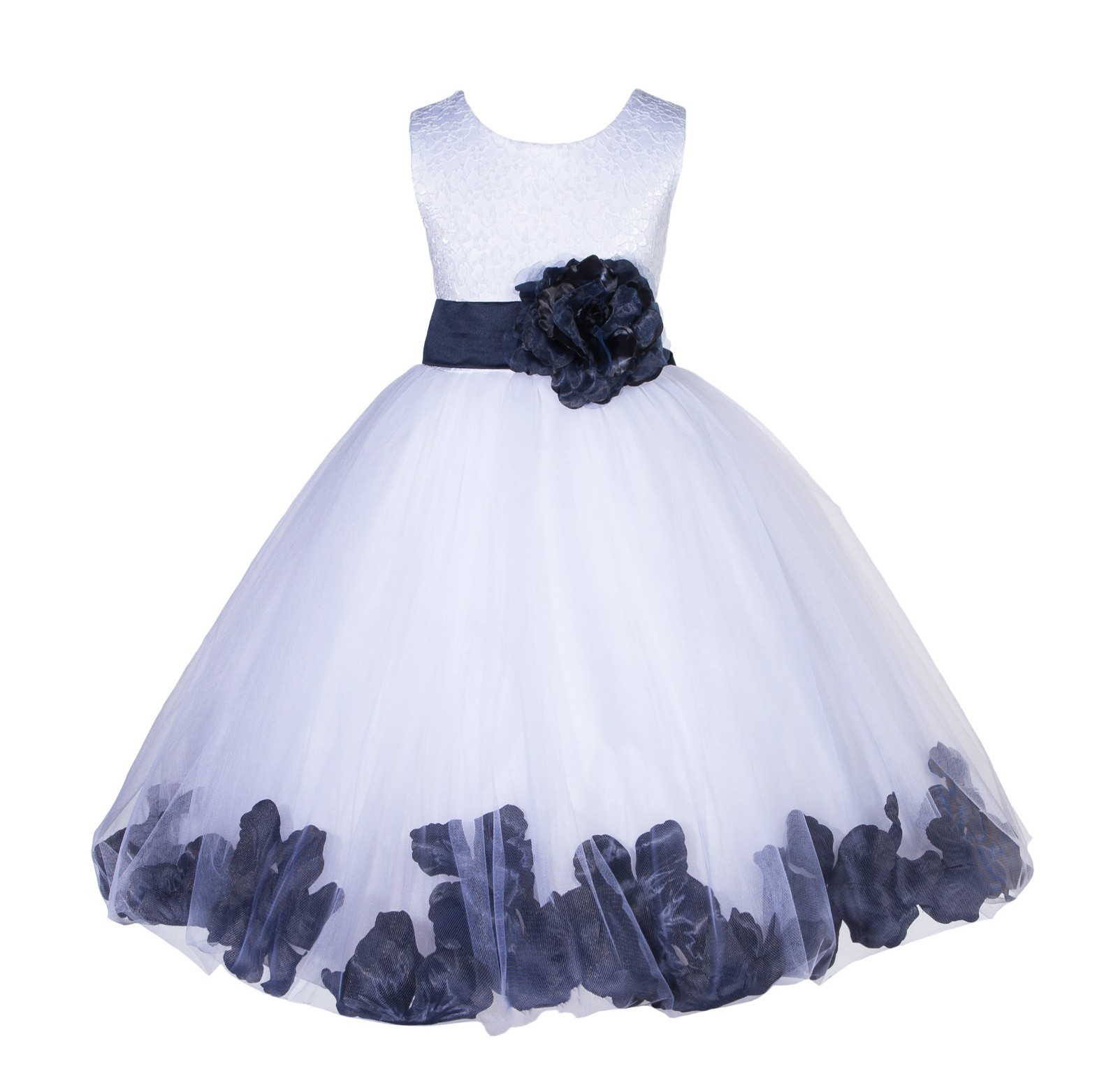 White/Midnight Lace Top Tulle Floral Petals Flower Girl Dress 165S