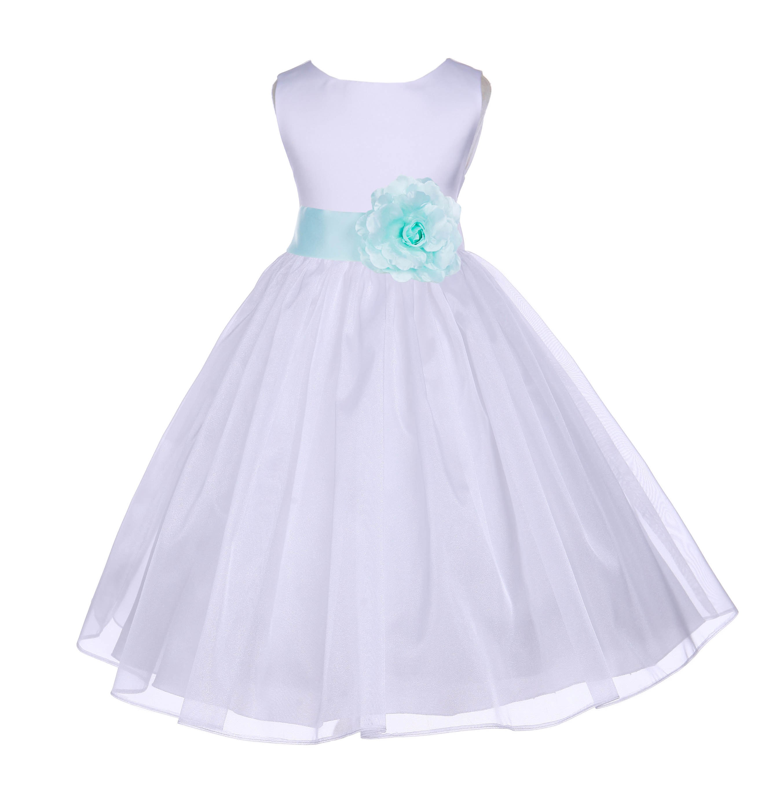 White/Mint Satin Bodice Organza Skirt Flower Girl Dress 841S