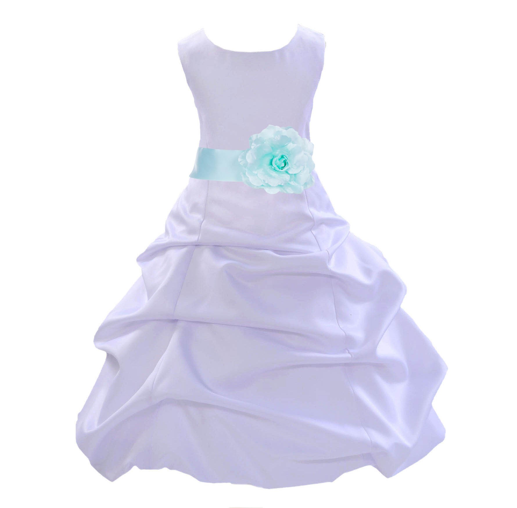 White/Mint Satin Pick-Up Bubble Flower Girl Dress Wedding 808T