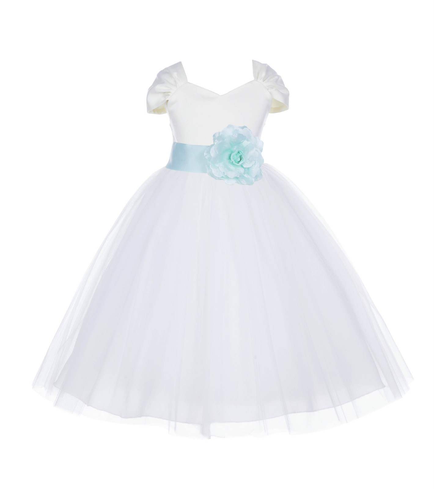 Ivory/Mint V-shaped Neckline Short Sleeves Tulle Flower Girl Dress 154S