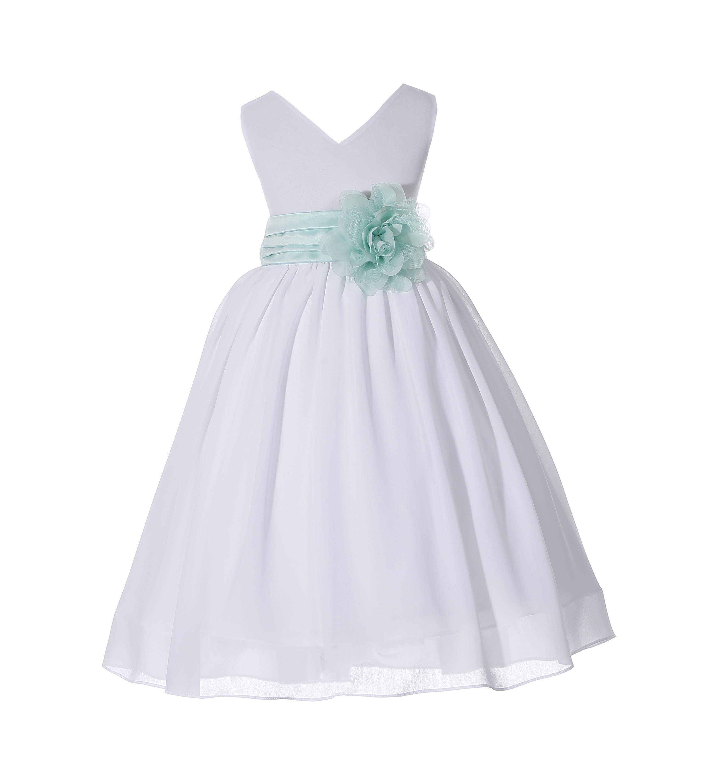 White/Mint V-Neck Yoryu Chiffon Flower Girl Dress Wedding 503NF